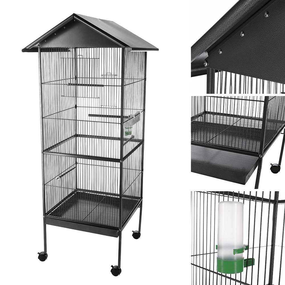 Melko® pájaro voliere/Pajarera/Animales jaula de hierro, Gris, aprox. 155 cm x 66 cm x 66 cm (H x B x T; incluye techo vorsprung) | Incluye 4 perchas, comedero y dispensador de agua, distancia de rejilla de 1,2 cm, cajón extraíble, para canarios