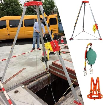 Confined Space Tripod Kit Adjustable Lifting Tripod with Fall Protection Device & Harness, 1200lbs Winch Aluminum Heavy Duty Rescue Stabilizer