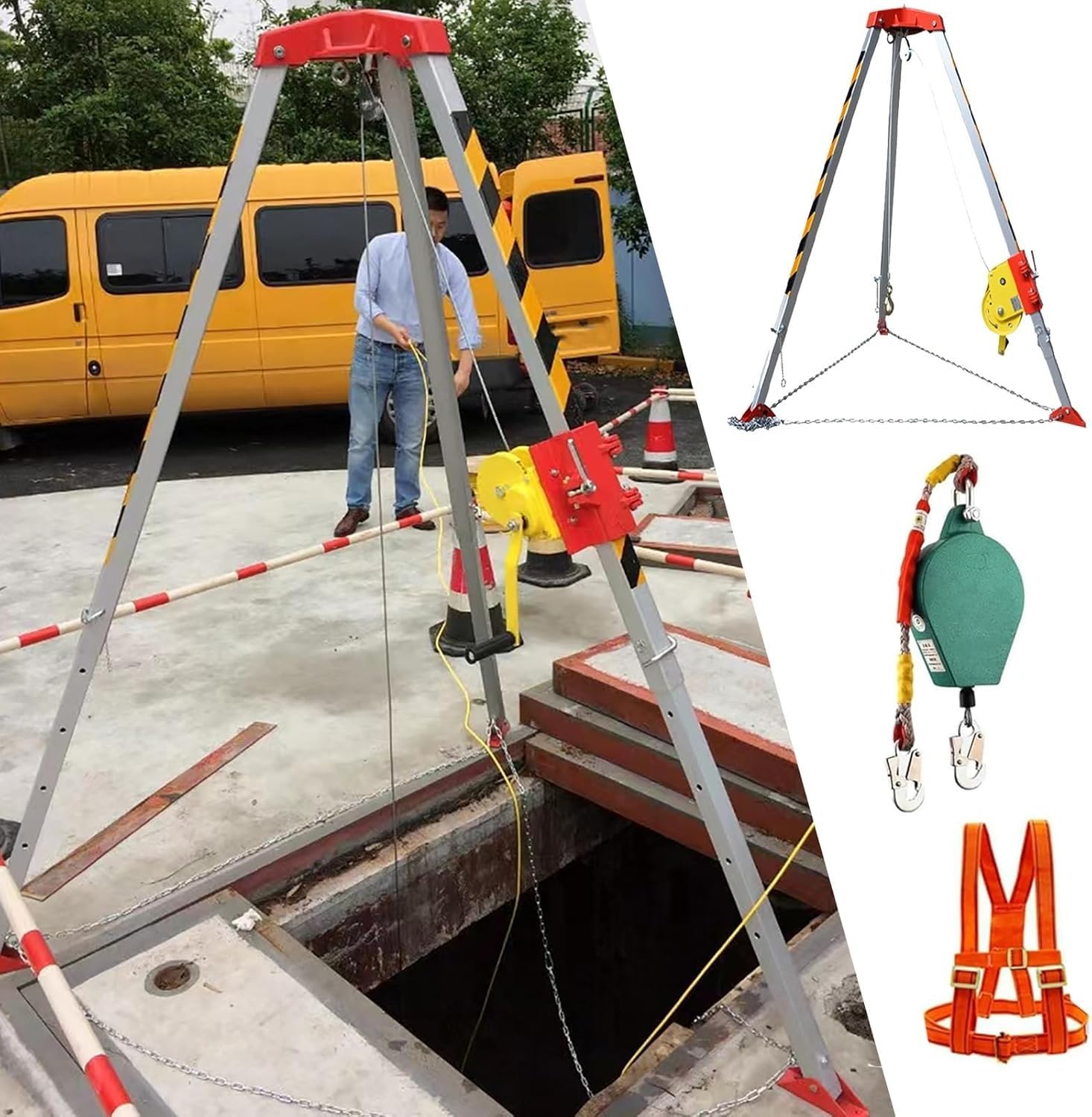 Trépied pour espace confiné avec antichute et treuil de levage réglable