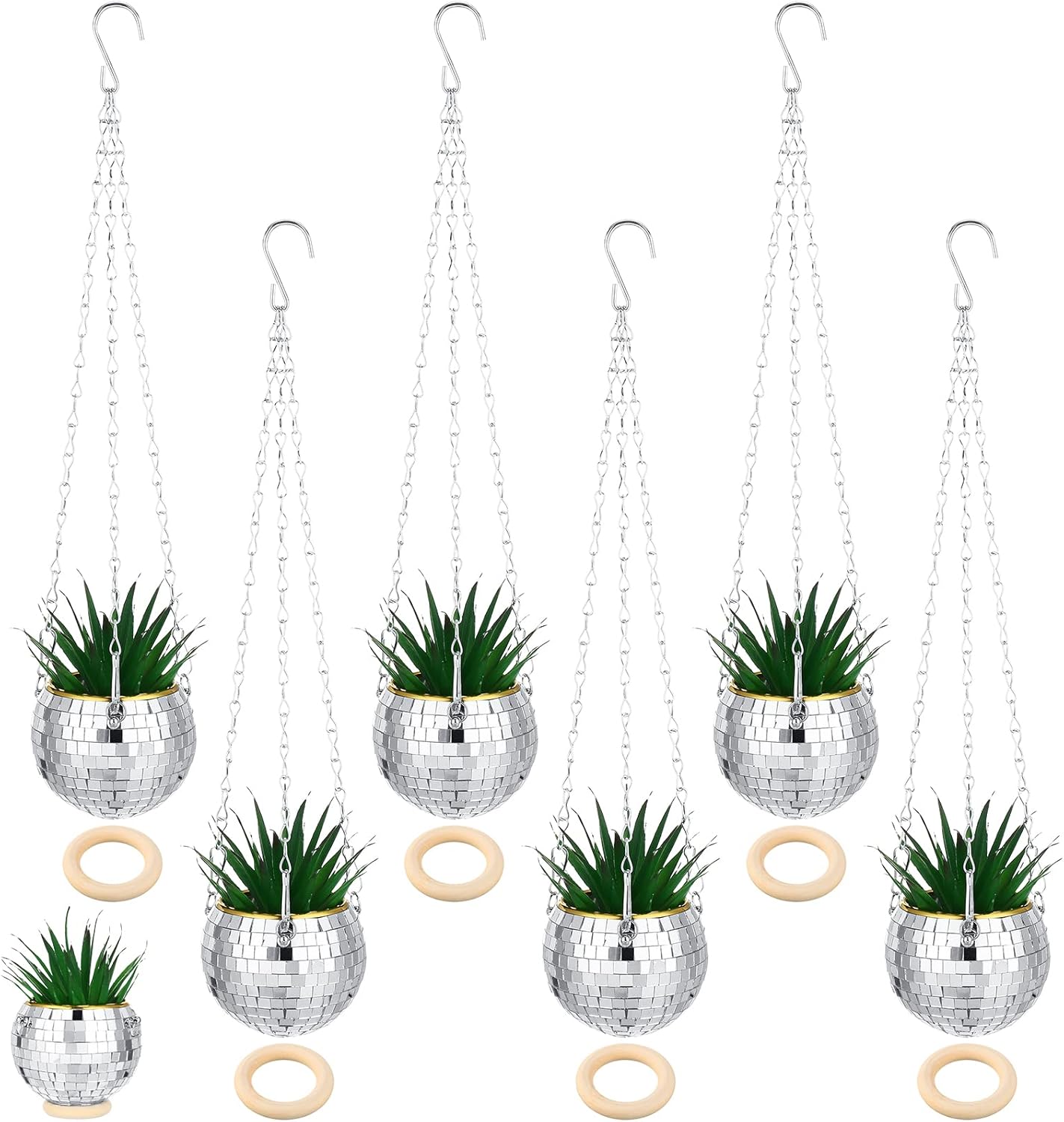 Remerry 6 Pcs 4 Inch Disco Ball Planter Mirror Ball Boho Hanging Planter Flower Pots Vase with Chain and Wooden Rings for Indoor Outdoor Plants Succulents Cacti Flowers Home Decorations (Silver)