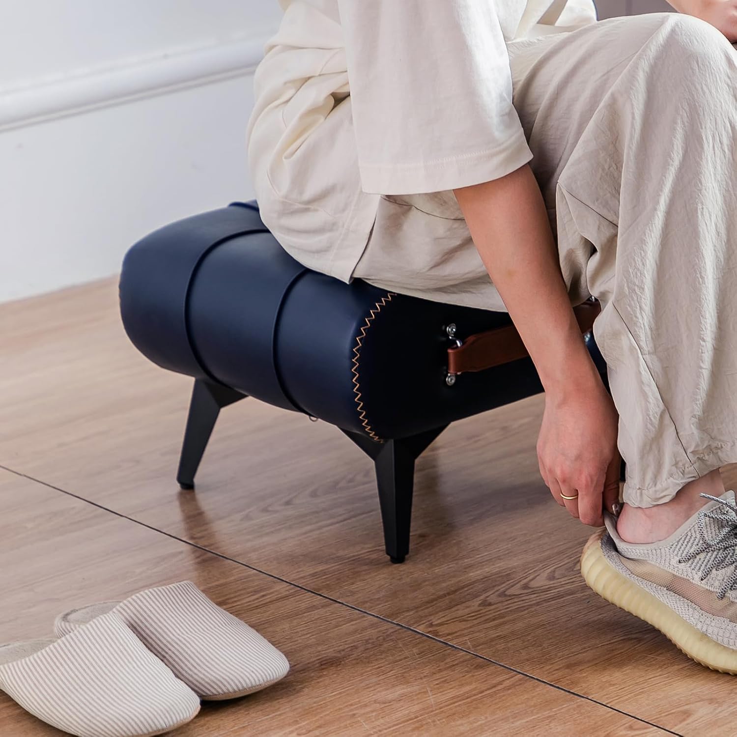 Small Footstool Ottoman - Stylish and Functional Faux Leather Footrest for Extra Seating in Living Room, Entryway, or Office