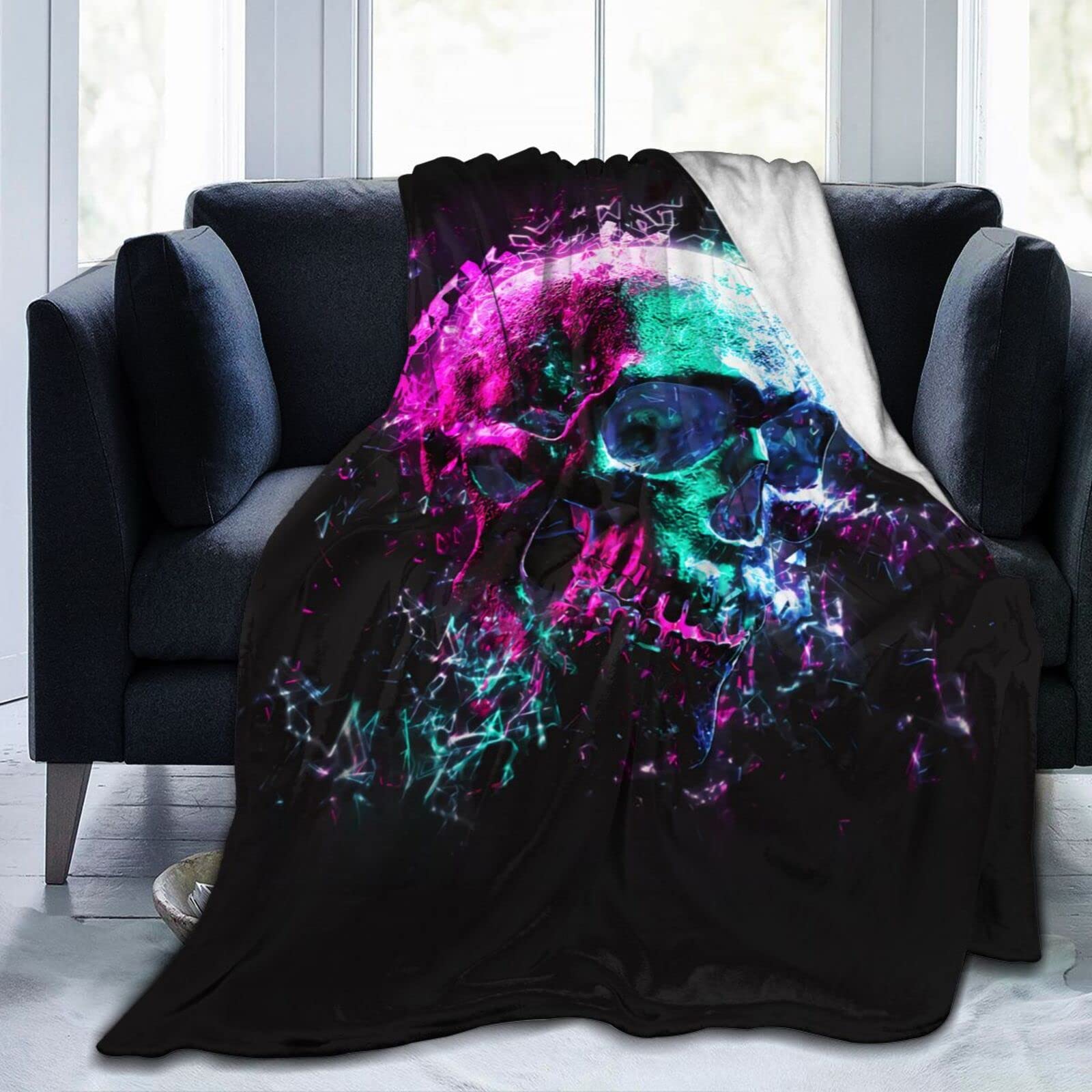 Lsjuee Neon Skull Throw Blanket Scary Halloween Design Blankets Lightweight Soft Cozy Flannel Blanket for Sofa Couch Bed Office 80"X60"