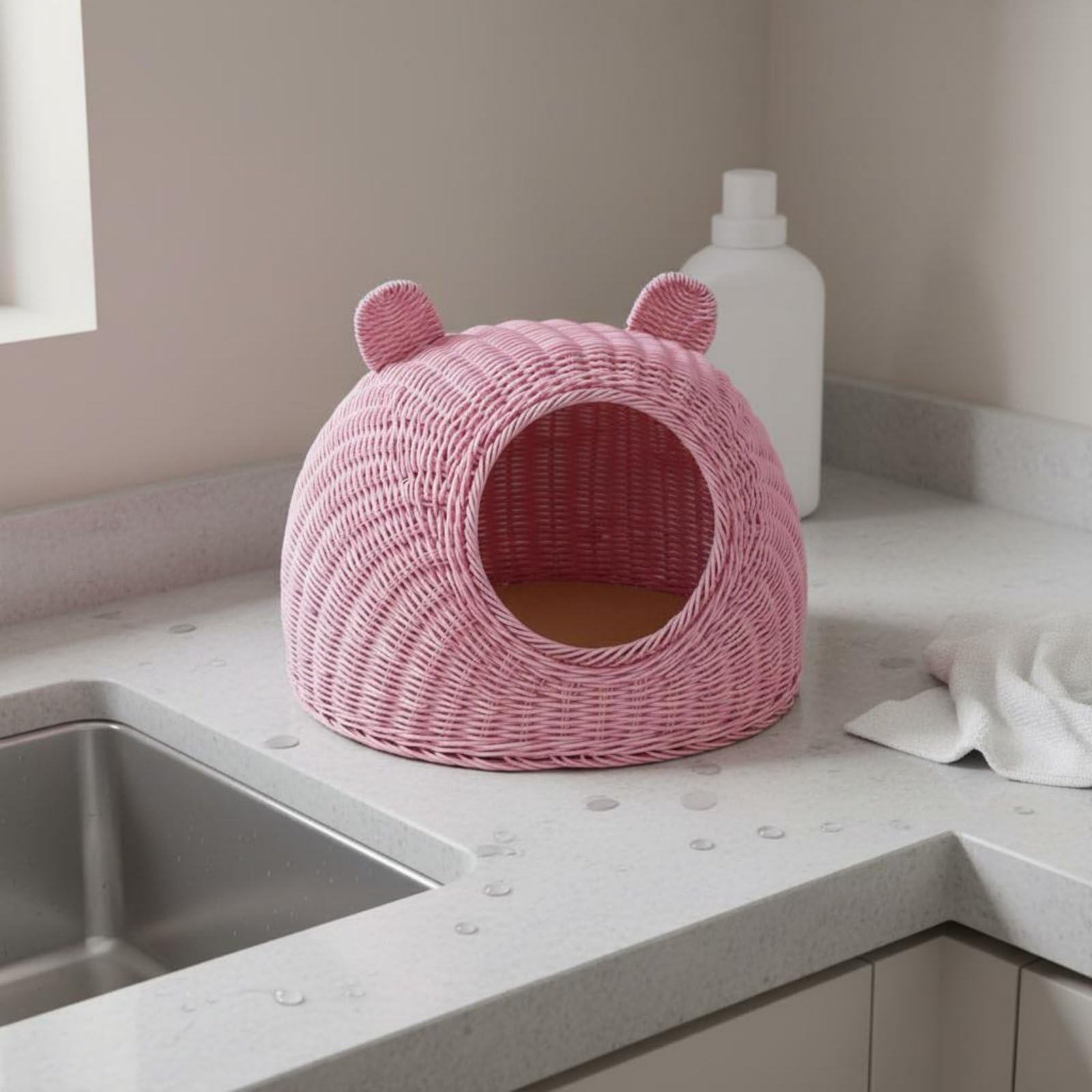 Waschbares Katzenbett Geflochtenes Katzenhaus Katzennest Waschechte Oberfläche Stabile Basis für Ruhebereich Zuhause Katzenpflege, Beige, Klein