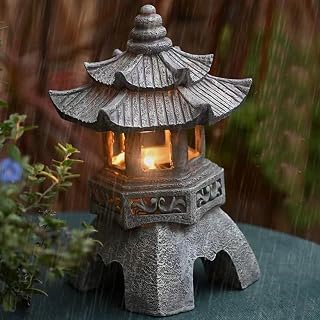 Japanese Garden Decor,Garden Pagoda,Solar Pagoda Lantern Statue,Outdoor/Indoor Zen Asian Decor for Landscape Balcony,Garden,Patio,Porch Yard Art Ornament Gifts,Polyresin,Gray Stone Finish