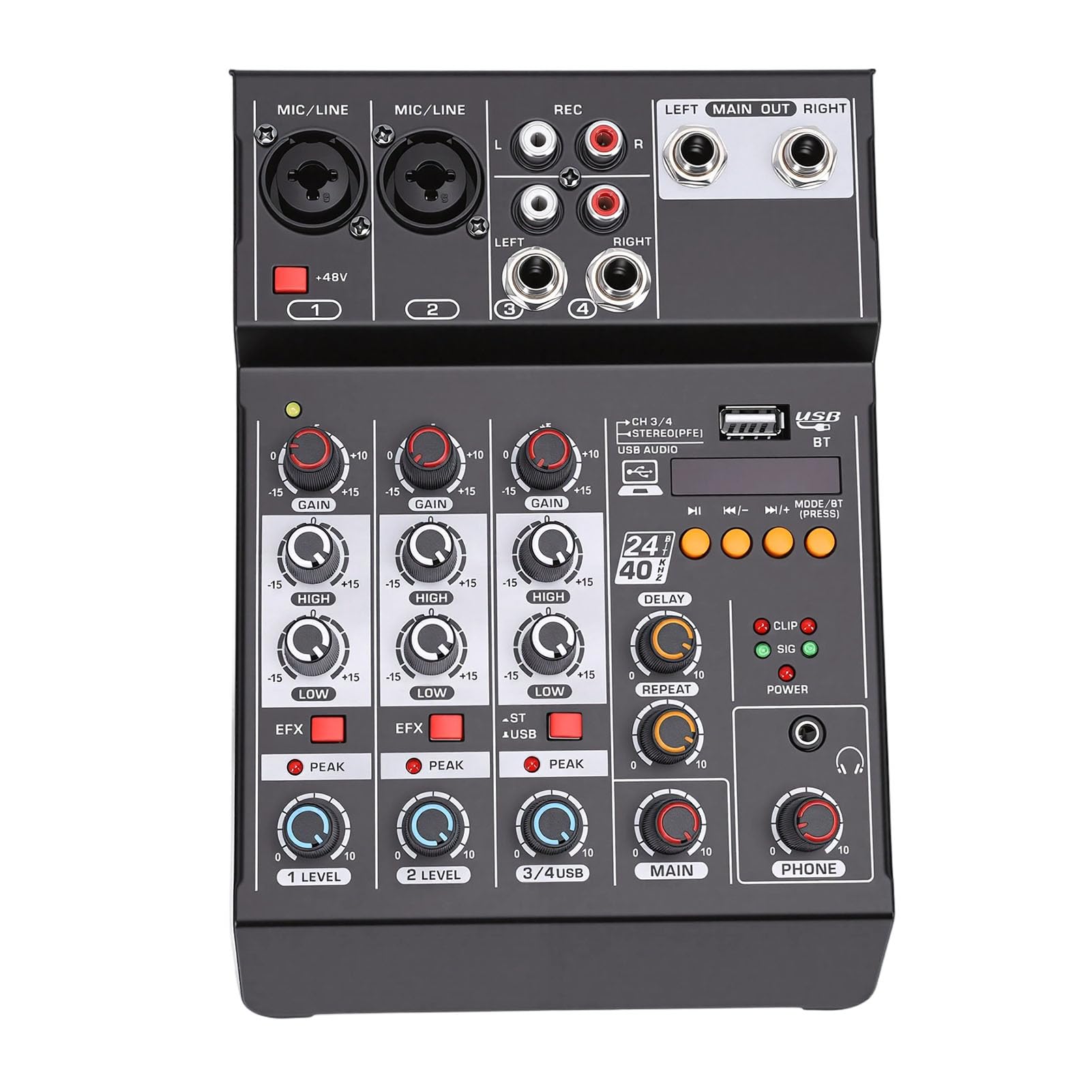 Fockety Mikser Dźwięku, USB MP3 Audio Mixer Płyta Dźwiękowa Konsola Miksująca 4-kanałowy 48V Power Stereo DJ Mixer Board do Nagrywania Komputerowego Studio Karaoke Transmisja na żywo