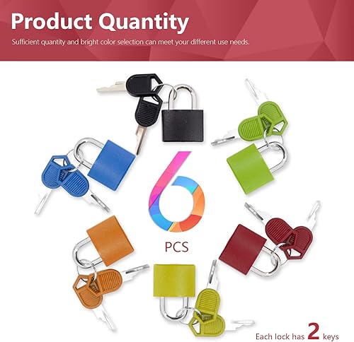 Miniatura 4 de Paquete de 6 candados para maleta, con llaves, multicolor, pequeño, Matel, para equipaje, mini candado cubierto de plástico, para el hogar, escuela,
