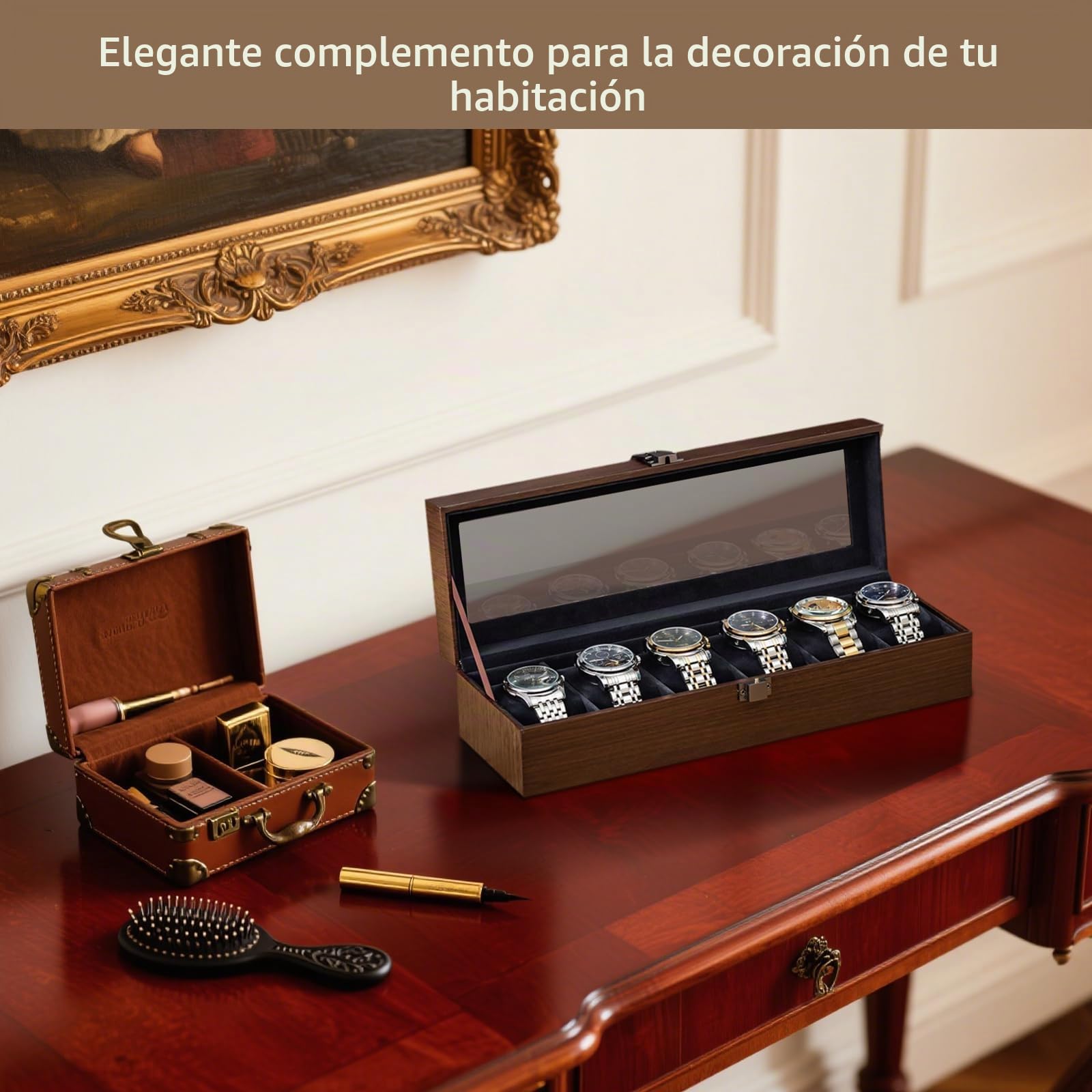 Windfromort Caja para Relojes de Madera, 6 Compartimentos, Nogal Marrón - Acabado de Nogal, Tapa de Vidrio, Cojines Extraíbles y Cierre Metálico | Ideal para Almacenamiento y Exhibición