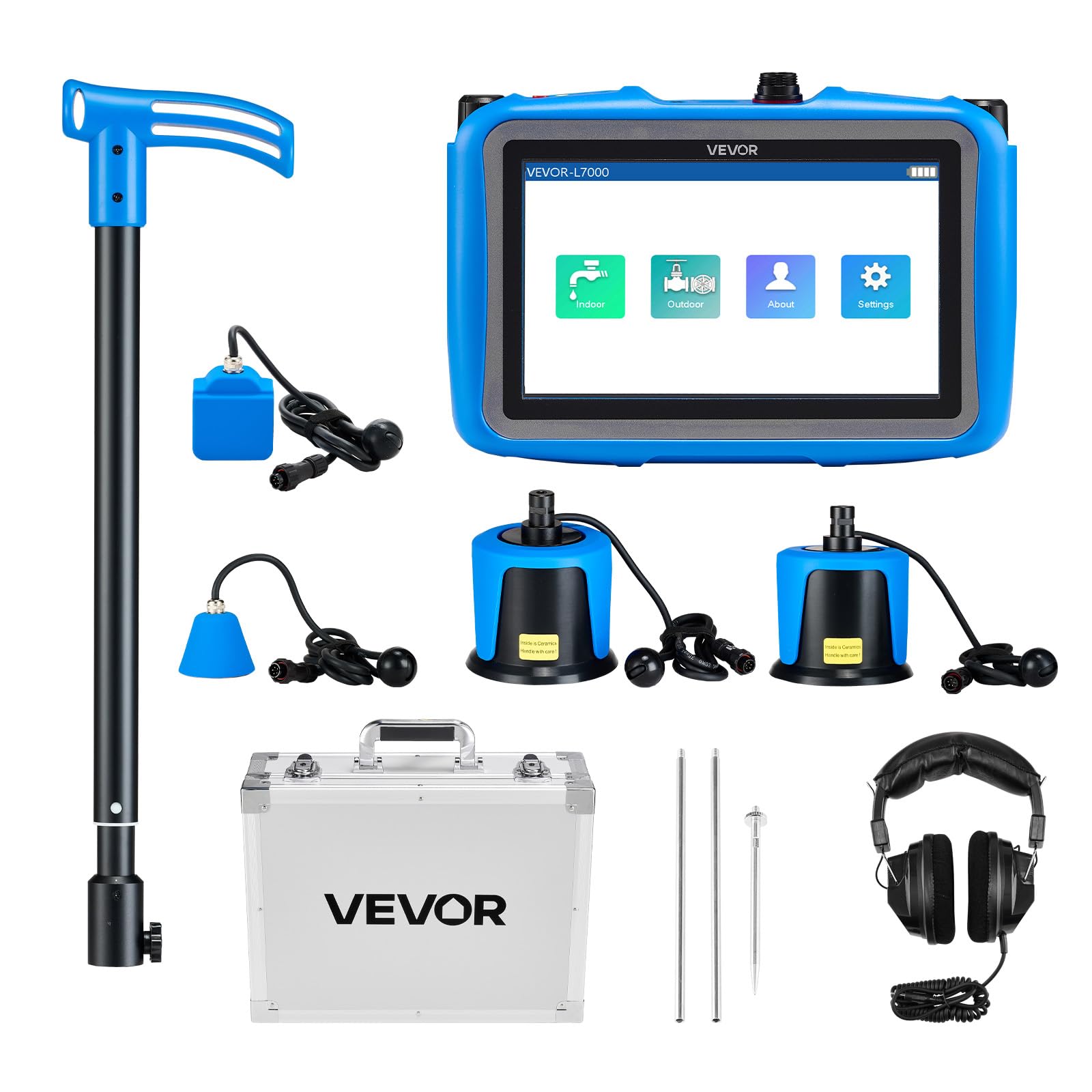 VEVOR Détecteur de Fuite d'eau Canalisations Profondeur 0,5-5 m, 1-10000 Hz, Écran Tactile LCD, avec 4 Capteurs, 3 Sondes d'Écoute, Casque, Carte SD 8 Go, Étui Transport, pour Plomberie Souterraine