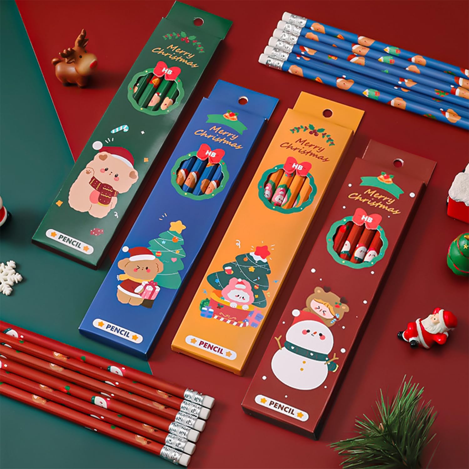Dncvb 24 lápices de Navidad, lápices de Navidad para niños con goma de borrar, bolígrafos HB de Navidad, lápices con motivos navideños, lápices de Navidad para niños, regalos, bolsas
