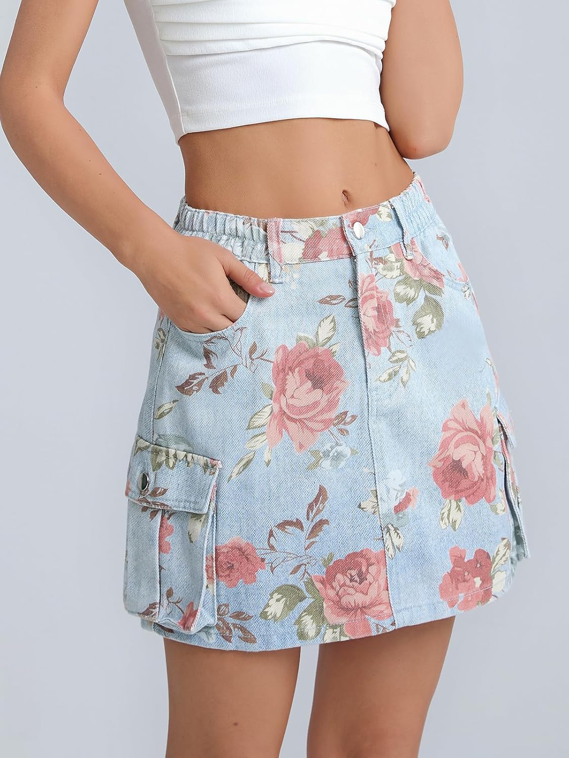 SCOFEEL Women's Floral Print Cargo Skirt Y2K Elastic Waist Denim Mini Skirt Casual 2026 Jean Skirts with Flap Pockets