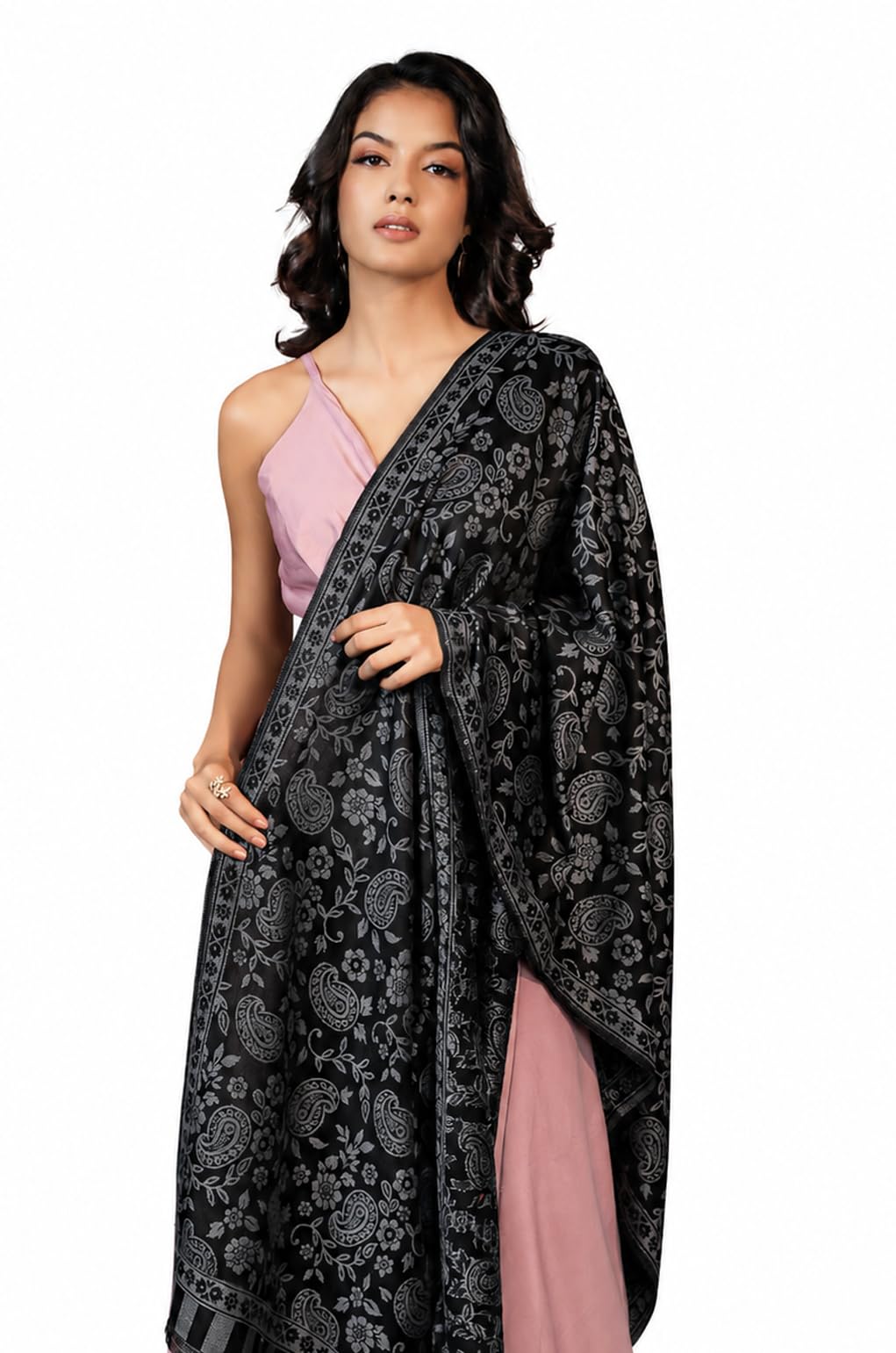 women stole, paisley design, black and grey-image-1