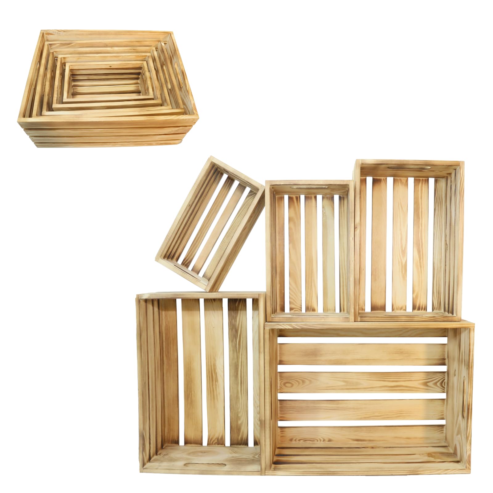 5 cajas decorativas de madera para exhibición, cesta grande de madera de granja de 5 tamaños para contenedores de almacenamiento y decoraciones, cajas de anidación rústicas con asa