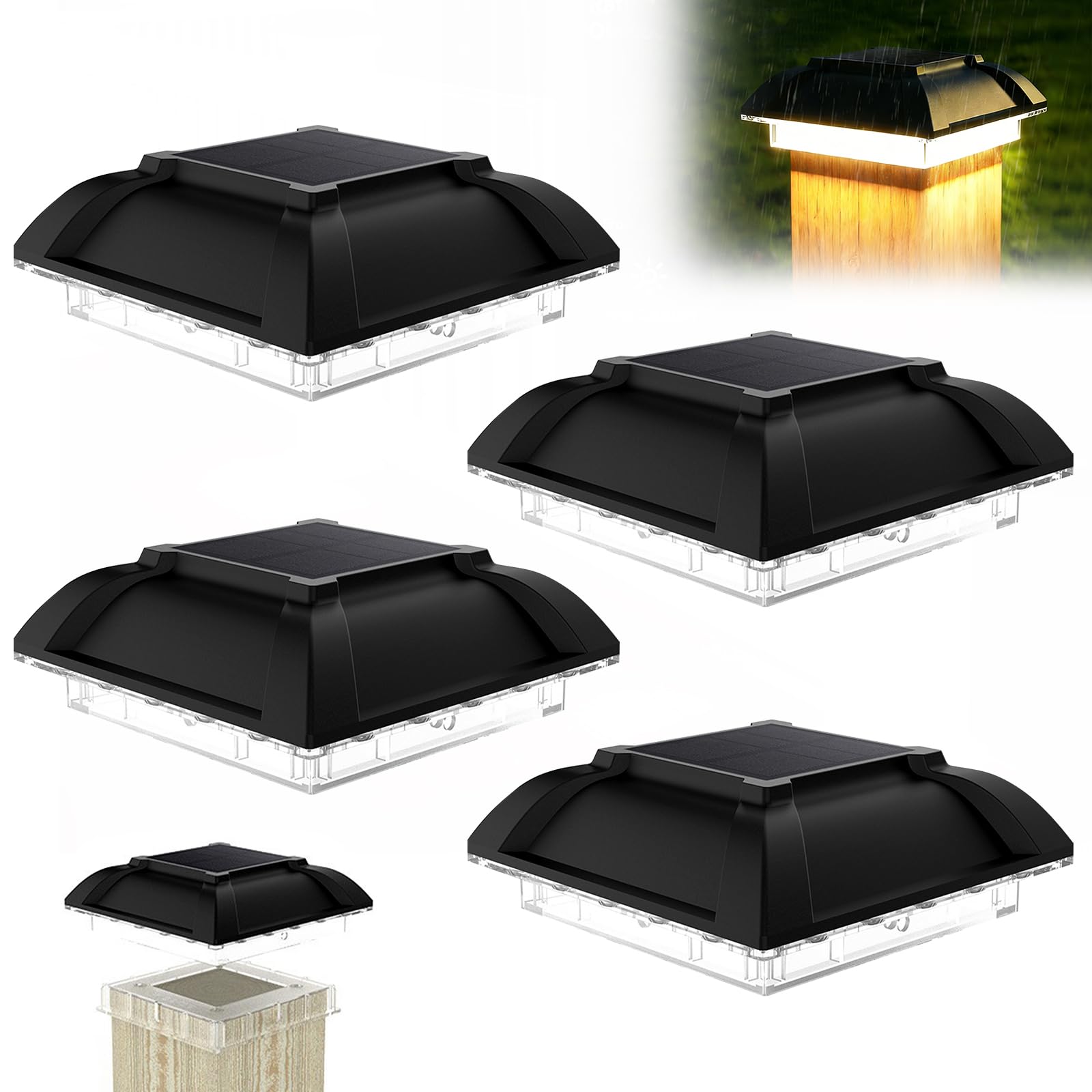 Lote de 4 lámparas solares para postes, sombrero de poste solar, lámpara solar al aire libre luces, solares de sombrero de poste, para postes de madera de 3,5 x 3,5 4 x 4 pulgadas, blanco cálido 3000