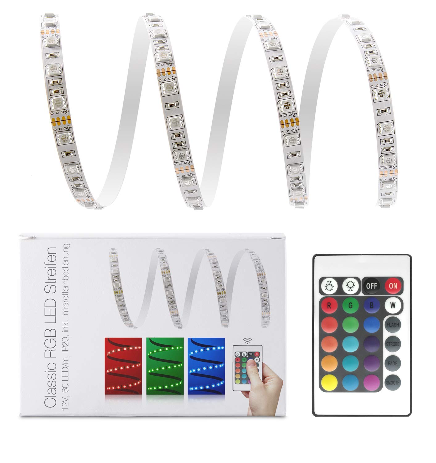 2,5 metros RGB Tira LED Set (60 LED/M, IP20, incluye controlador, mando a distancia (24 teclas) y fuente de alimentación de 3 a