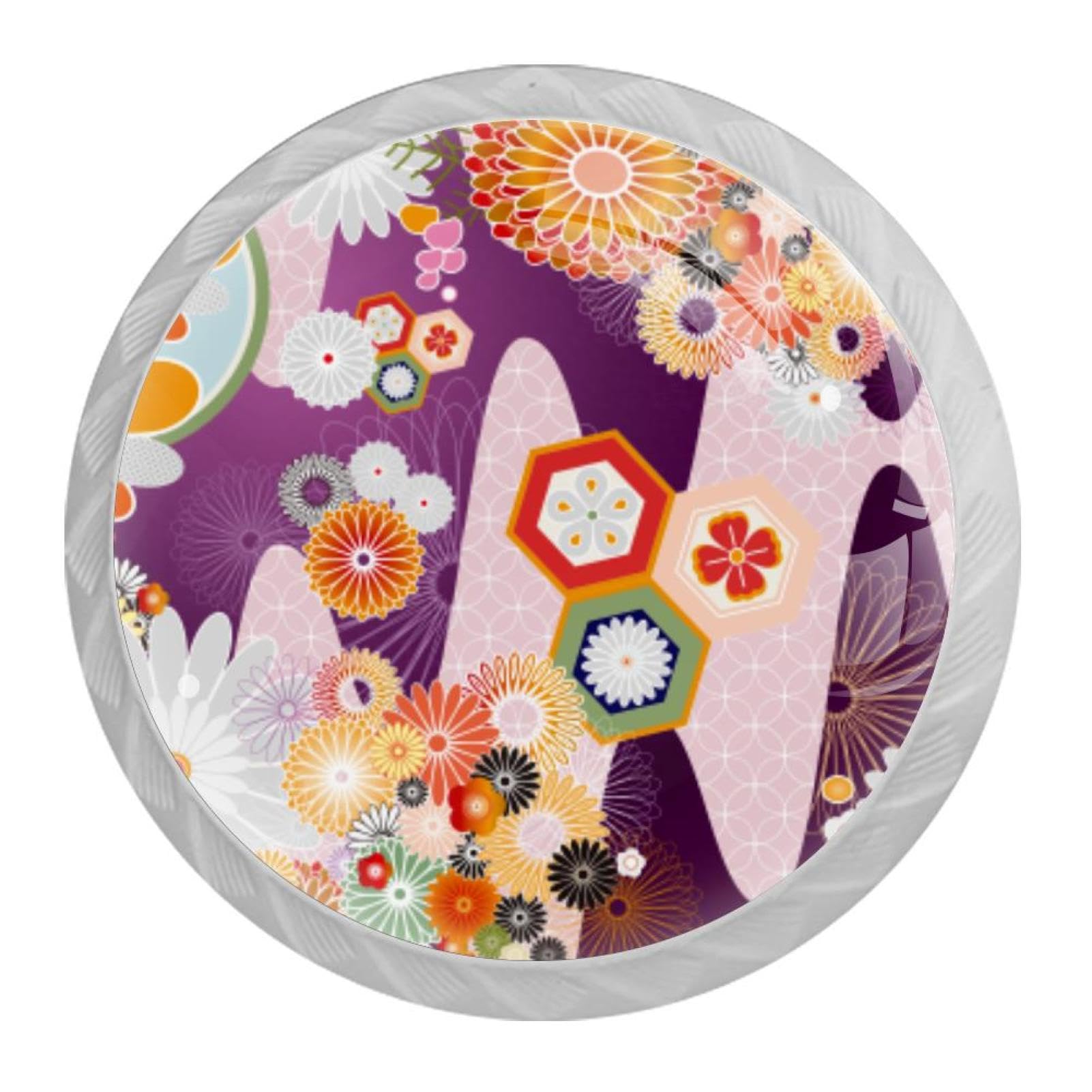 Tqmspg Multi10 4 Pieces Drawer Pulls Japanese Flowers Blossom Floral Pattern Door Knobs Dresser Handles For Kitchen Wardrobe Cupboard Hardware Furniture