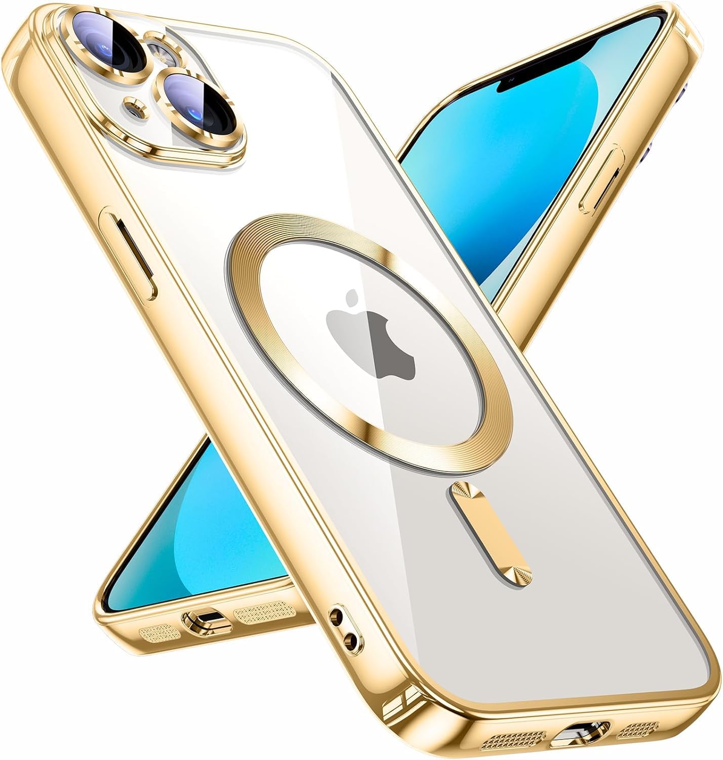 Zubitech iPhone 14 Plus Magnetic Case Compatible With MagSafe, Camera Lens Protector, Plating Luxury Clear Soft Protective Cover for Women Men (Gold)