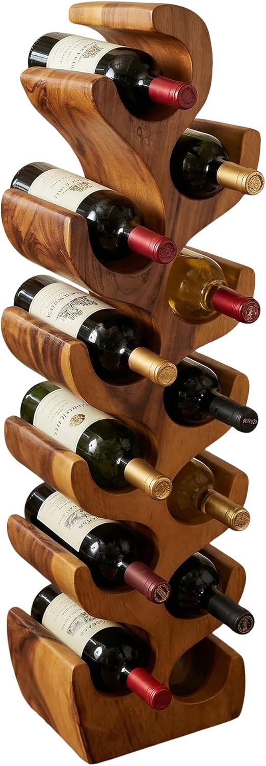 Greenage Solid Wood 12 Bottles Wine Rack 10.2" x 7.1" x 39.4" H Freestanding Floor Rustic Wooden Natural Tan Standing Wine Holder Floor for Kitchen Bar Pantry Cabinet Countertop Home Decor