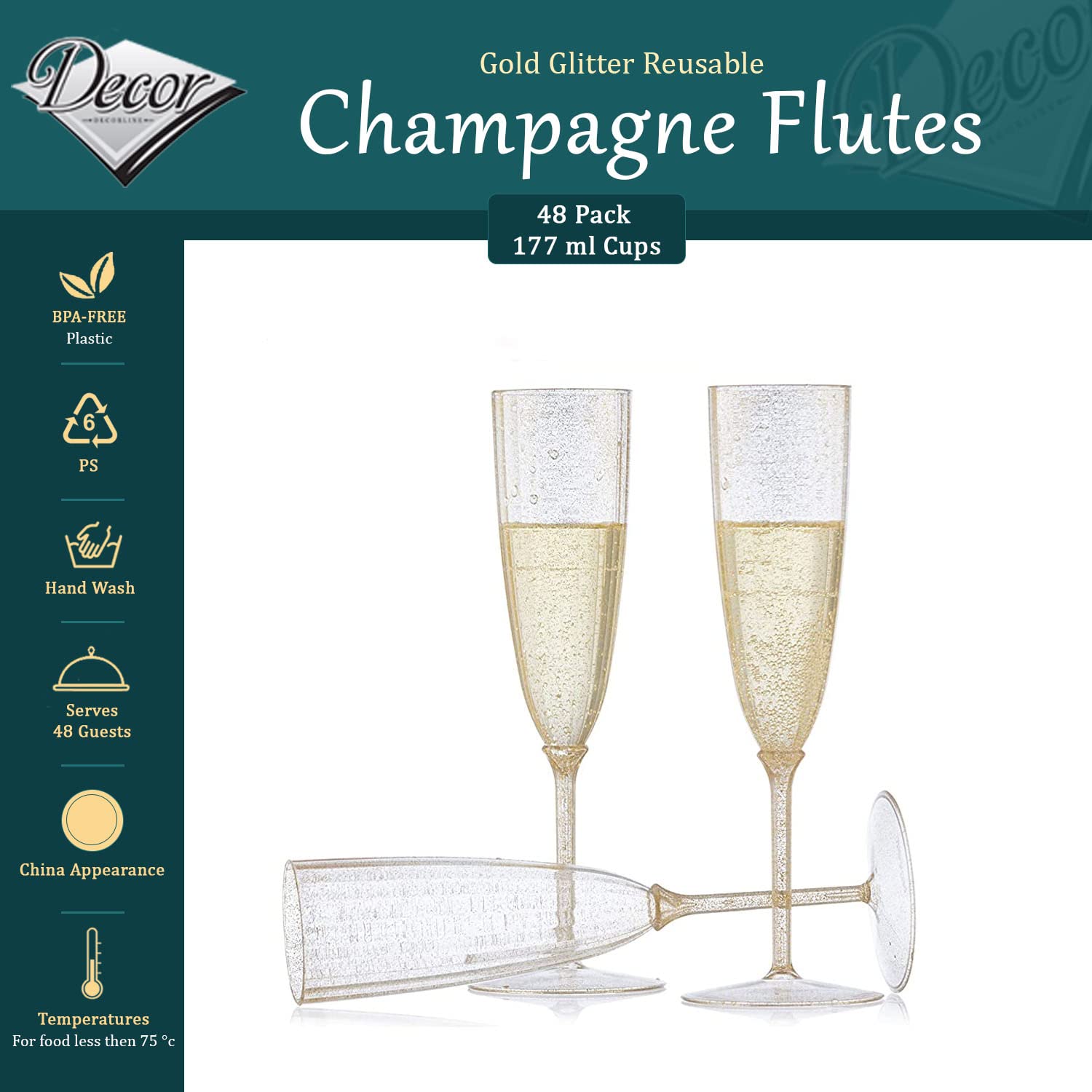 Decor Decorline - 48 Sektläser aus Premium-Kunststoff mit Goldglitter Stiel-Glas Wiederverwendbar Champagner Gläser für Hochzeiten & Partys, 170ml - Mehrweg & Stabil