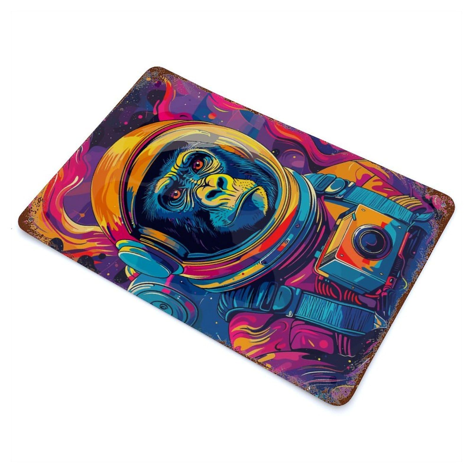 Decorative Tin Sign Astronaut Gorilla Space 11.8"x7.9", Decorative Metal Wall Art for Garage, Bar And Workshop Decor