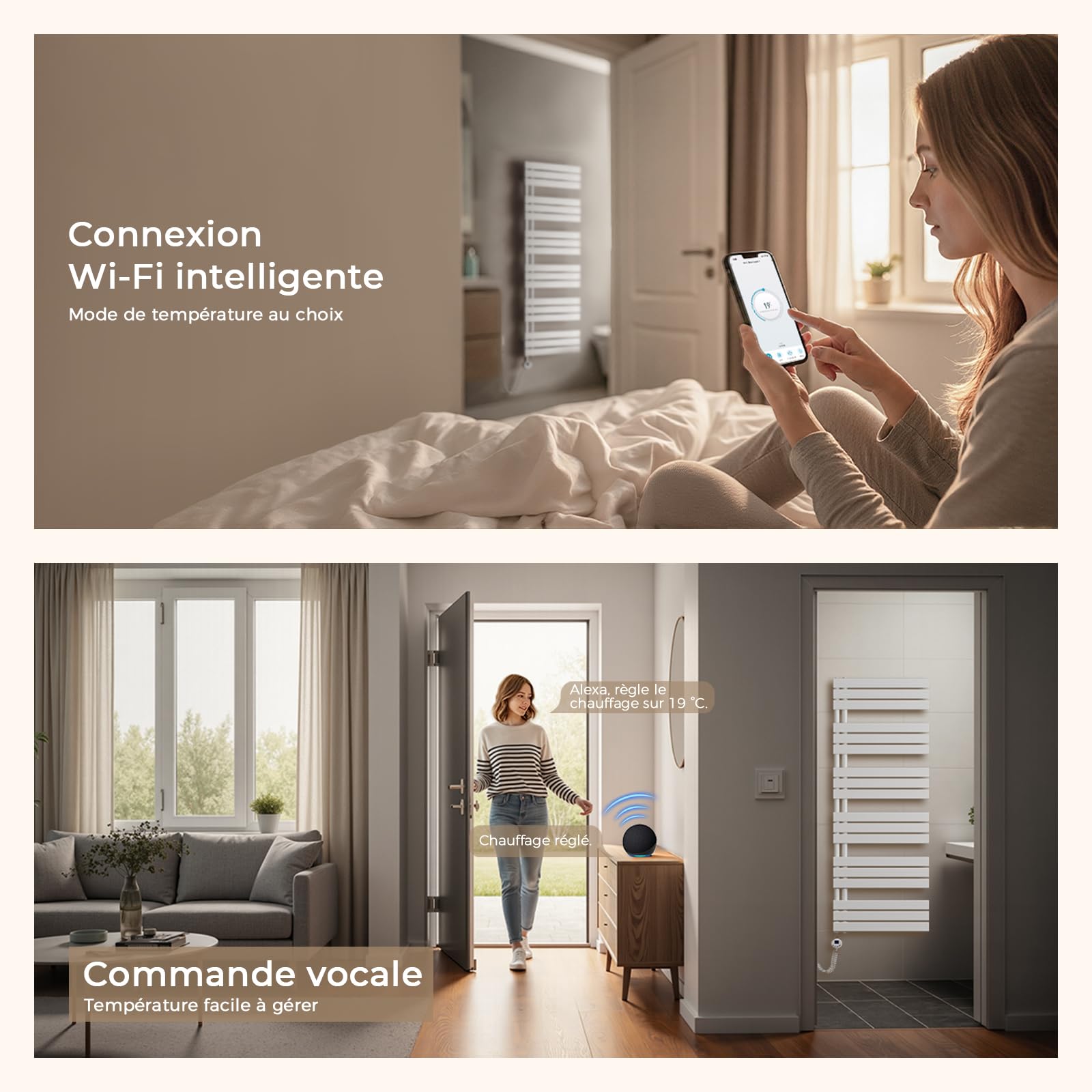 S'AFIELINA Sèche-serviette électrique1599×500mm, radiateur sèche-serviette électrique avec thermostat, WiFi, minuterie programmable, écran LCD, Radiateur salle de bain 1000 W, blanc