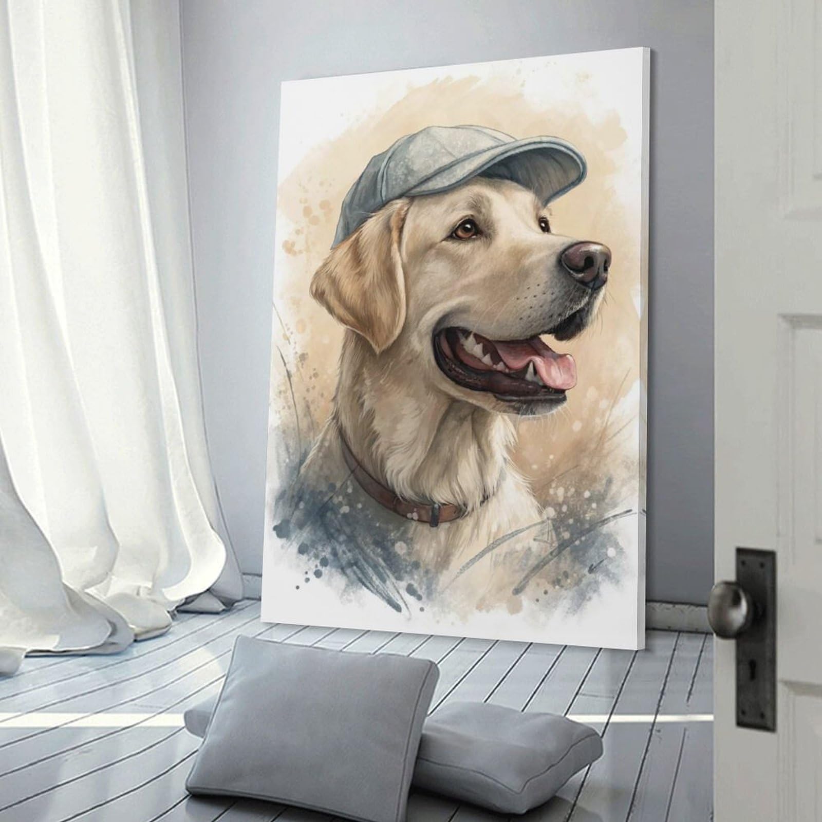 Junmoney Labrador Retriever Wearing A Cap Canvas Art Print, 24x36inch(60x90cm), for Wall Displays, Bedrooms Or Room Updates, Home Wall Art for Statement Displays