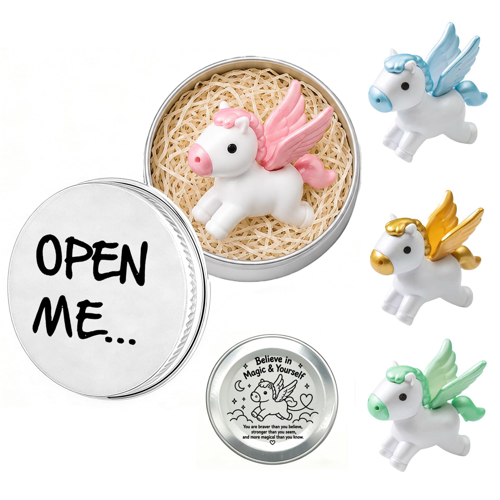 Zenthraa Women's Pink/Blue/Green Mini Pegasus Statue In Tin – Winged Horse Good Luck Charm | Spiritual Gift For | Emotional Support Pocket Figurine With Inspirational Quote “Believe In Magic & Yourself” | Random Color