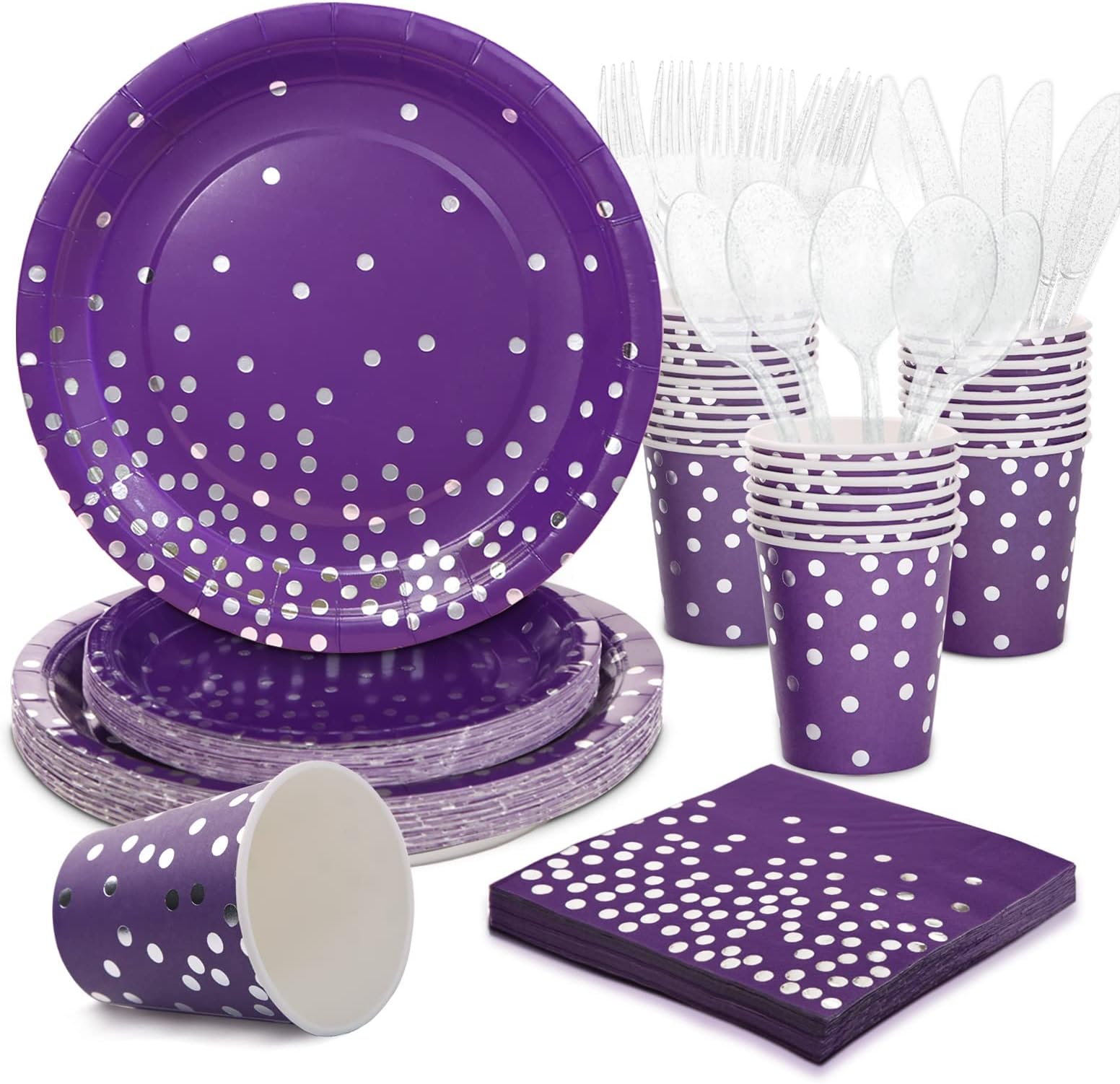 175PCS Purple Party Decorations Purple Plates and Napkins Party Supplies for 25 Guest,Purple and Silver Party Decorations Purple Paper Plates for Baby Shower,Wedding,Birthday,Graduation Party