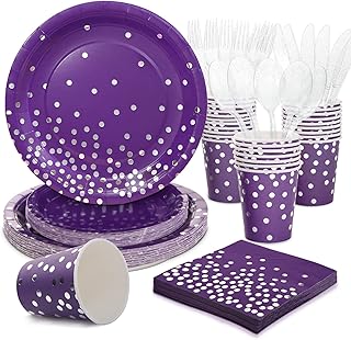 Purple Party Supplies Birthday Plates and Napkins Party Supplies for 25 Guest,Sliver Dot Disposable Party Dinnerware-Paper Plates Napkins Cups for Baby Shower,Wedding,Graduation Party Decorations