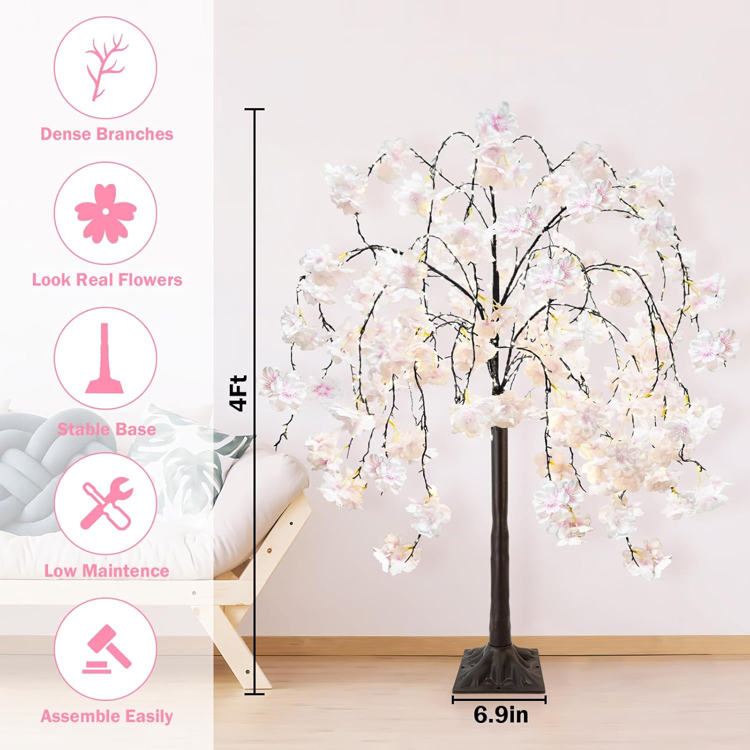 4FT Cherry Blossom Tree with 360 LED Fairy Lights Artificial Lighted Tree with 8 Lighting Modes Light Up Pink Tree with Faux Flowers for Spring Wedding Party Indoor Outdoor Decor - Image 2