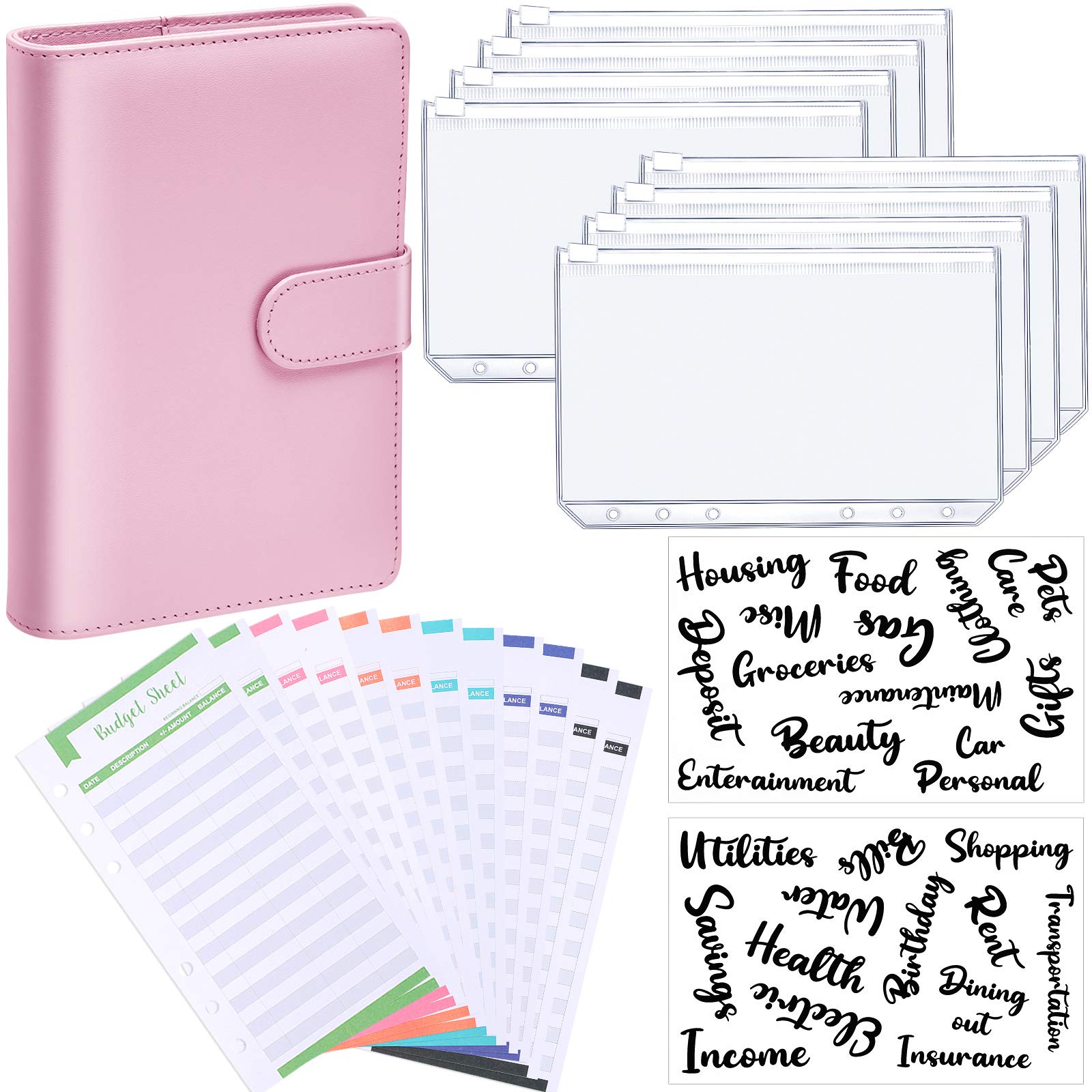 A6 PU Leather Notebook Binder Budget Planner Organizer 6 Ring Binder Cover, 8 Pieces Binder Pockets, 12 Pieces Expense Budget Sheets and 26 Categories Letter Sticker Labels for Bill Planner (Pink)