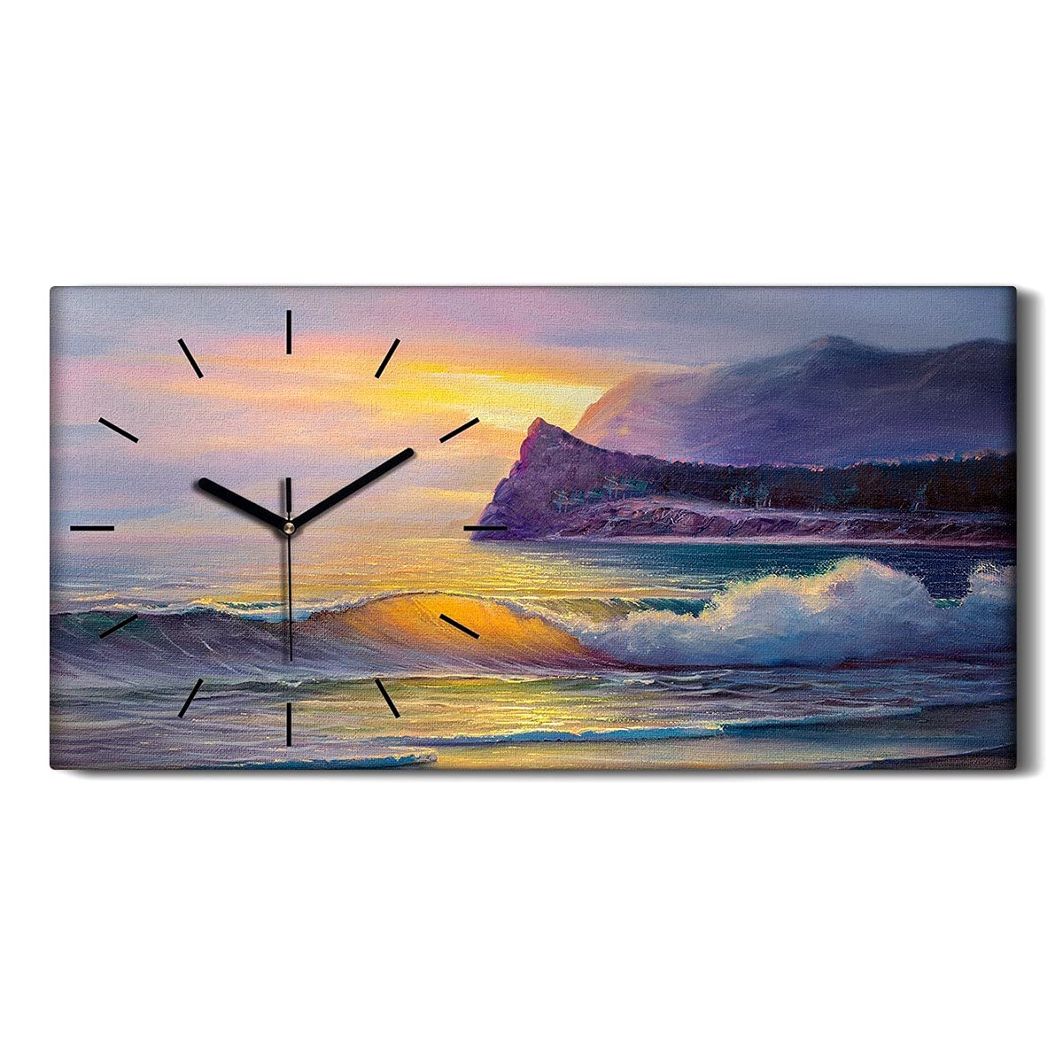 Horloge sur toile d'art moderne vagues de l'océan avec fines aiguilles noires