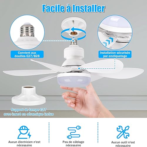 BuzzoXerex Ceiling Fan with Light and Remote Control, 40 W, Dimmable LED Ceiling Fan with E27 Socket, Chandelier, Ceiling Fan for Bedroom, Living Room, 6 Blades, 3 Speeds - 5