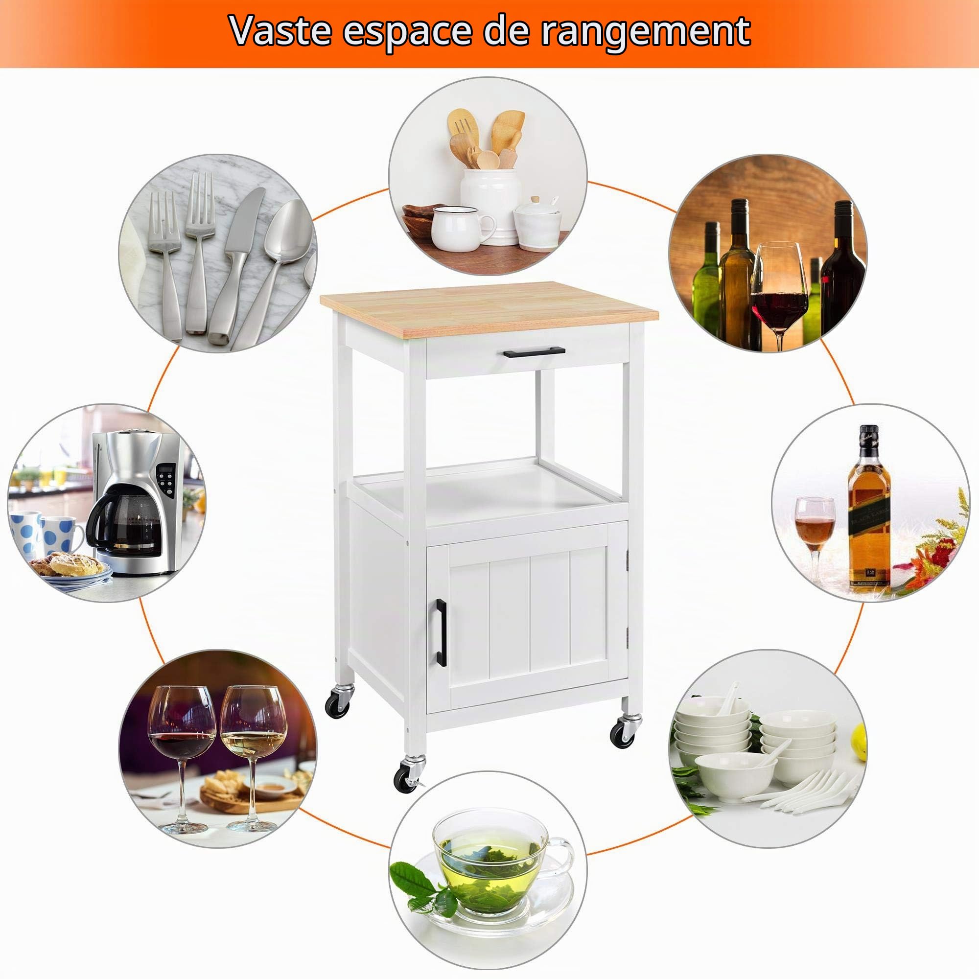 Yaheetech Desserte de Cuisine sur roulettes en Bois Chariot de Service Blanc avec 1 Tiroir/3 Crochets/1 Placard/1 Compartiment Ouvert/Meuble de Rangement Roulant pour Cuisine Bar Restaurant Salon