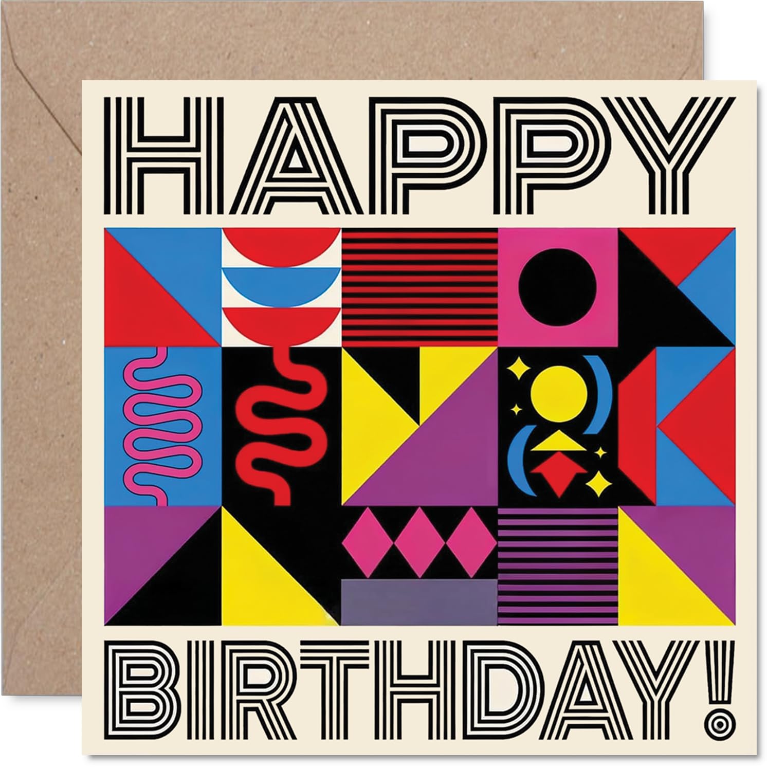 Playful Birthday Card - Bursting with Birthday Cheer - Vibrant Geometric Patterns in Bold Red, Blue and Yellow - 145mm Square, Envelope Included