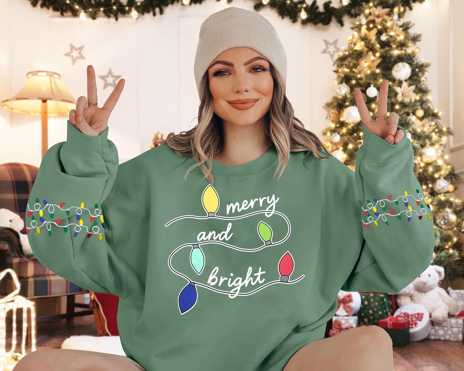 Oversized Christmas Sweatshirt Women Merry and Bright Shirt Christmas Tree Lights Sweatshirts Xmas Holiday Pullover Tops - Image 2