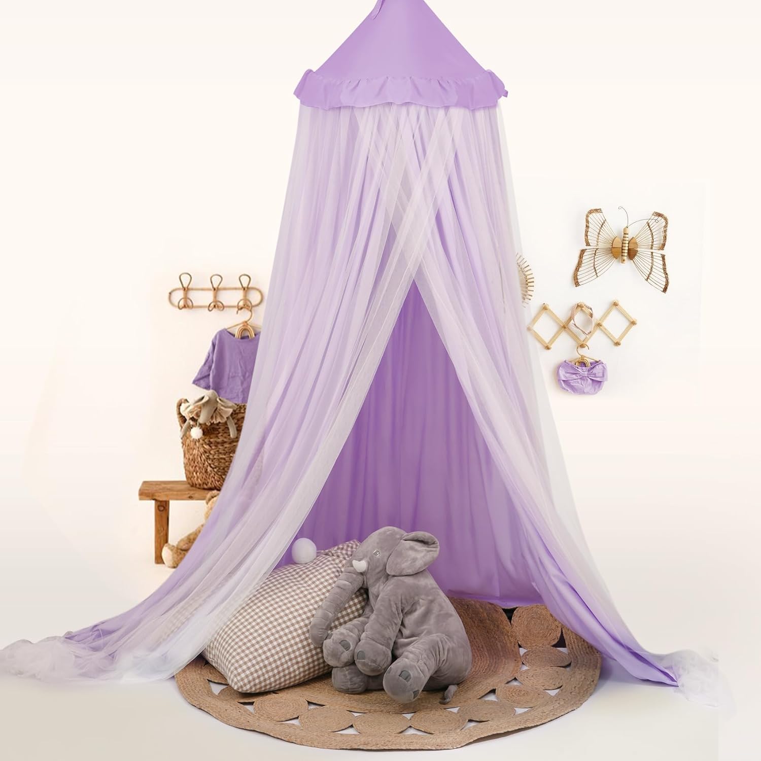 Bed Canopy with Star Lights, Double Layer Canopy for Bed, Princess Play Tent for Girls Room, Breathable Canopy Bed Curtain for Children Reading Nook, Machine Washable Canopy, 25.6''x106'', Purple 25.6"W x 106"L (Pack of 1) Soft Purple