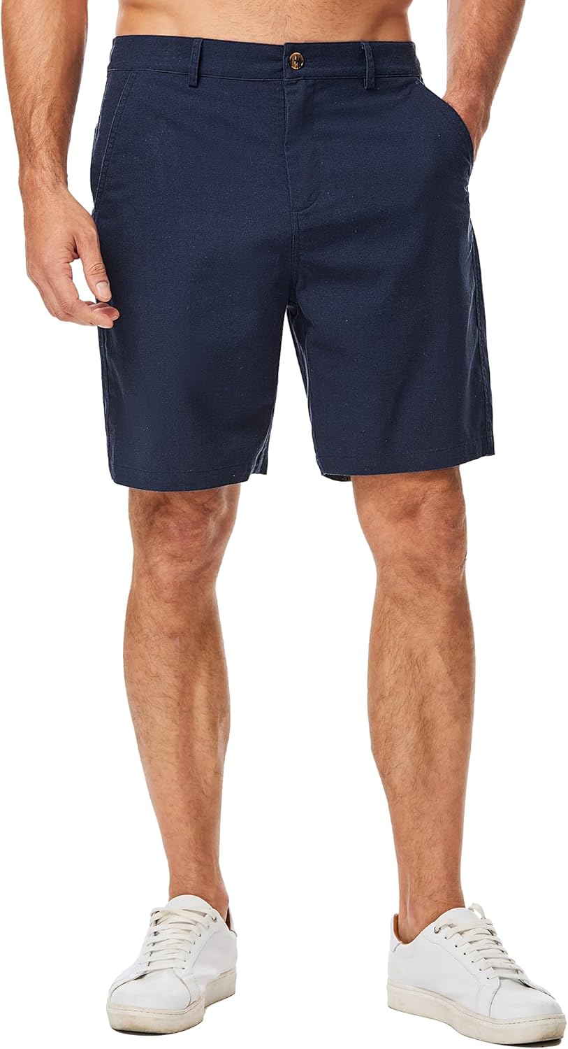 JMIERR Mens Casual 8" Cotton Linen Shorts - Button Waist Summer Beach Shorts with Pockets