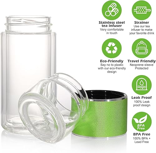 Miniatura 2 de Botella de agua de cristal con infusor de té de hojas sueltas de acero inoxidable, botella de agua de vidrio de borosilicato con capacidad para 16.9