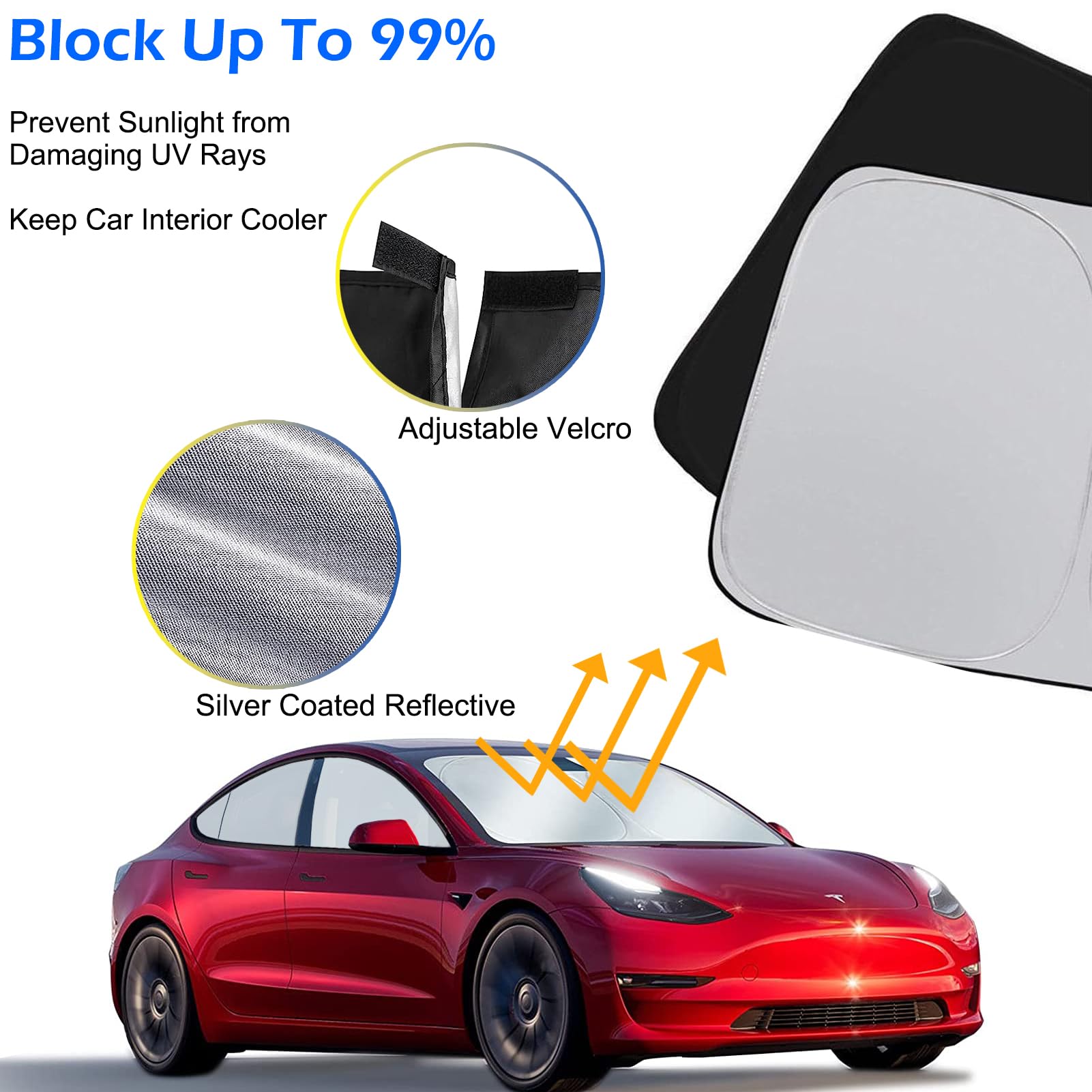 Front Windshield Sunshade For Tesla Model 3 & Y (2016-2024) - Folding UV Protection Cover With Storage Bag