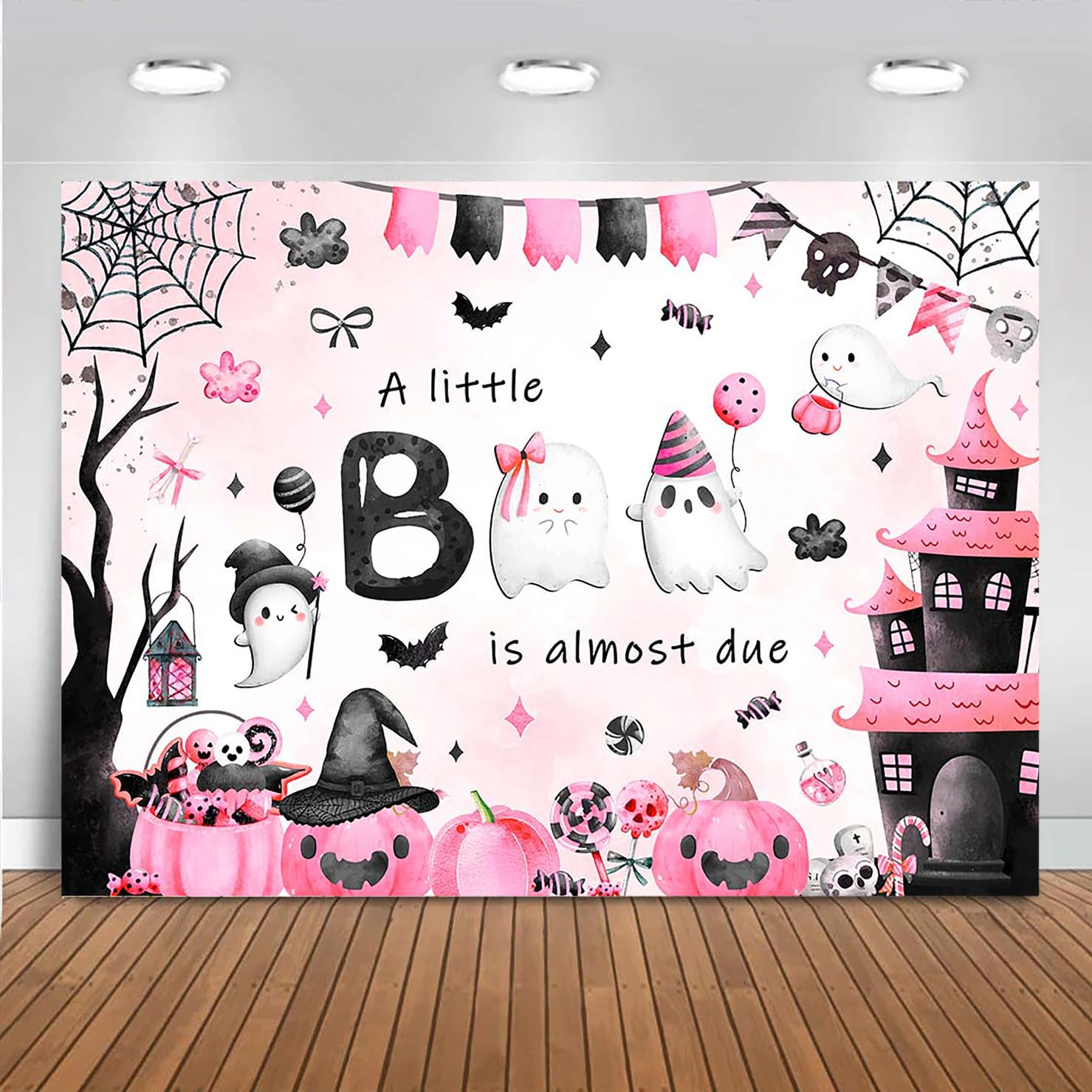 Mocsicka Halloween Backdrop - Pink 'A Little Boo is Almost Due' Girls Baby Shower Decoration - Cute Ghost Pumpkin Banner (7x5ft)