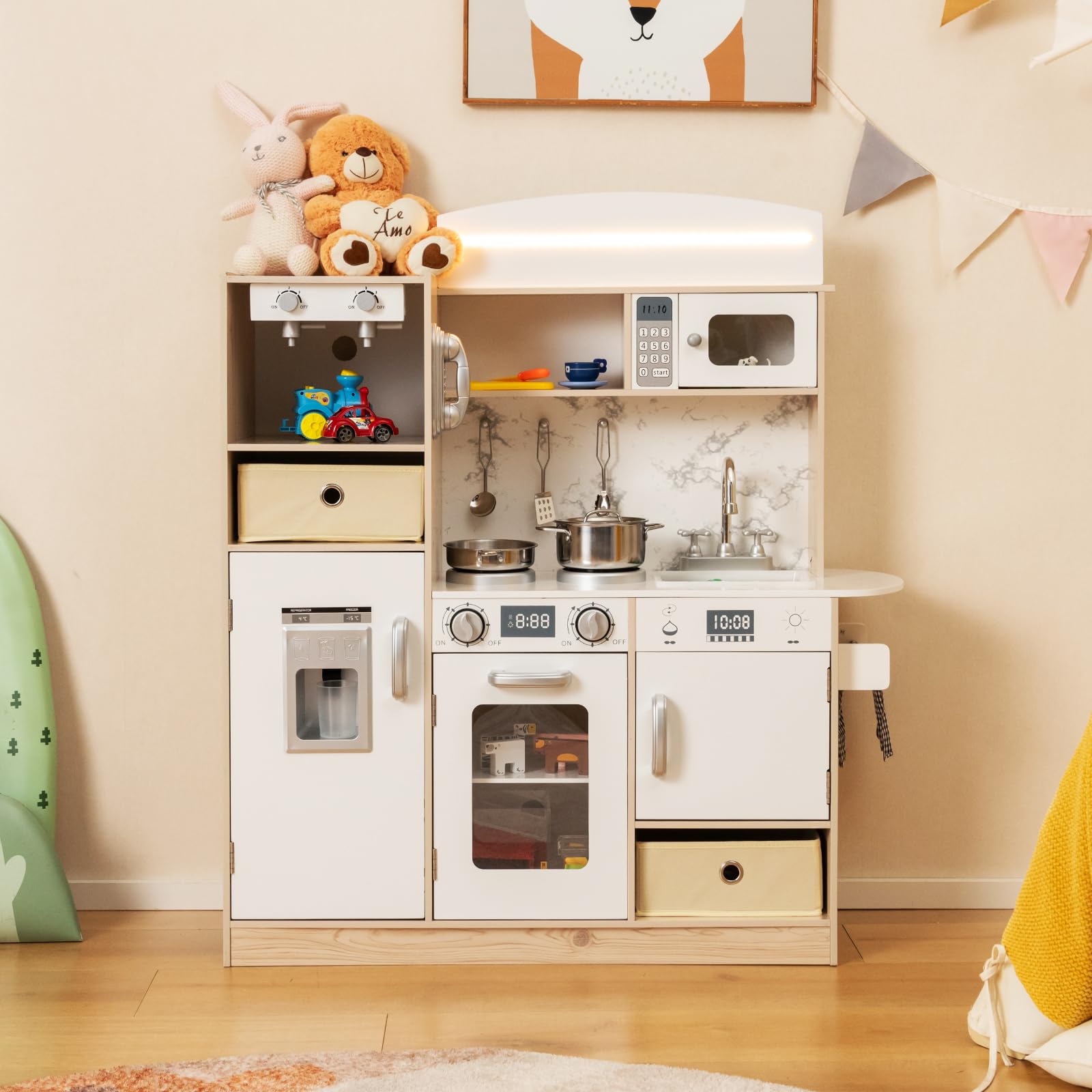 COSTWAY Kinderküche inkl. Zubehör, Spielküche Holz mit einstellbaren LED-Lichtern, abnehmbaren Stoffkörben & Regalen, Spielzeugküche mit Kaffeemaschine & Kühlschrank, für Kinder ab 3 Jahren