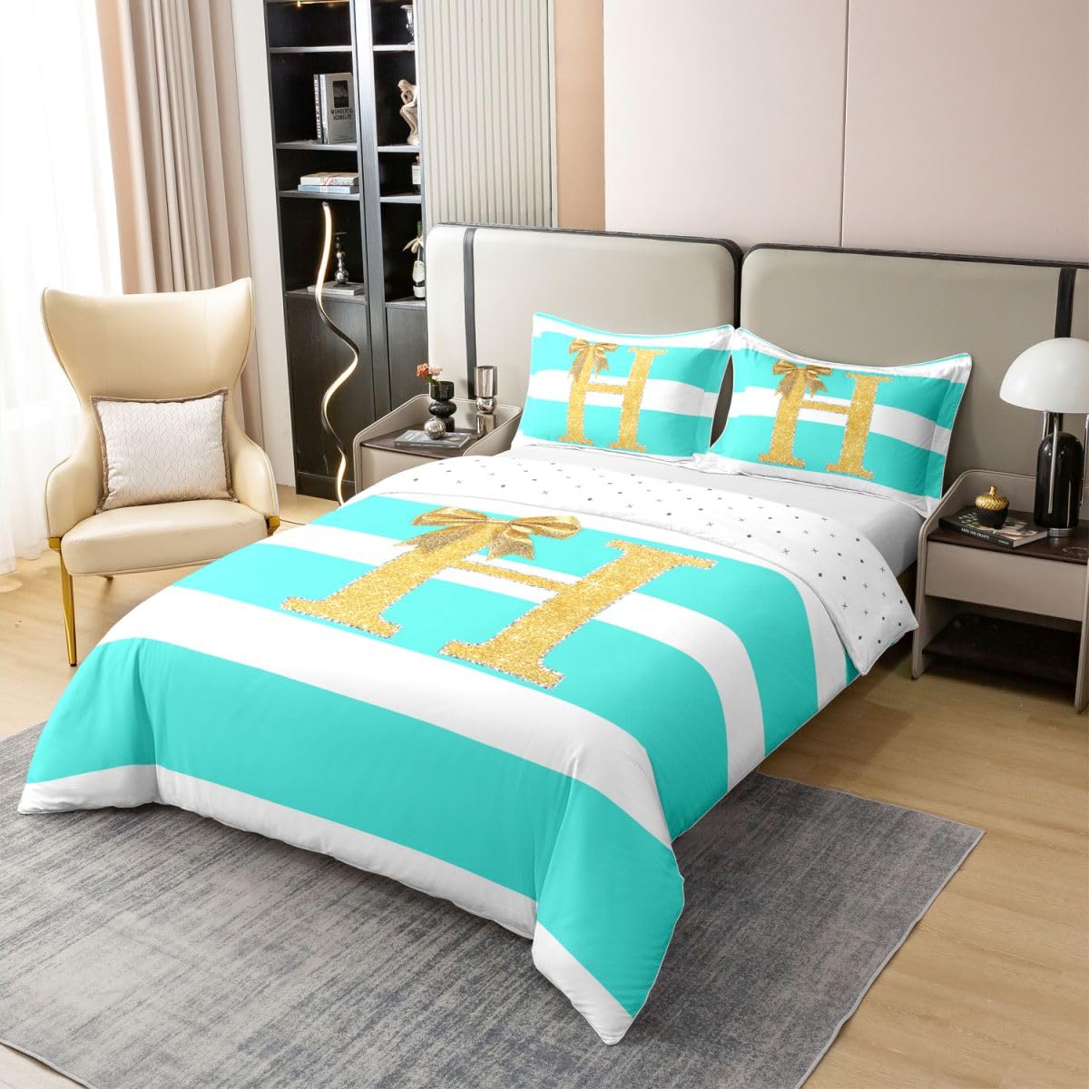 Homewish Monogram litera H King pościel złota kokardka dziewczyny bawełna poszewka na kołdrę zestaw spersonalizowane początkowe paski poszwa na kołdrę księżniczka muszka zestawy łóżek