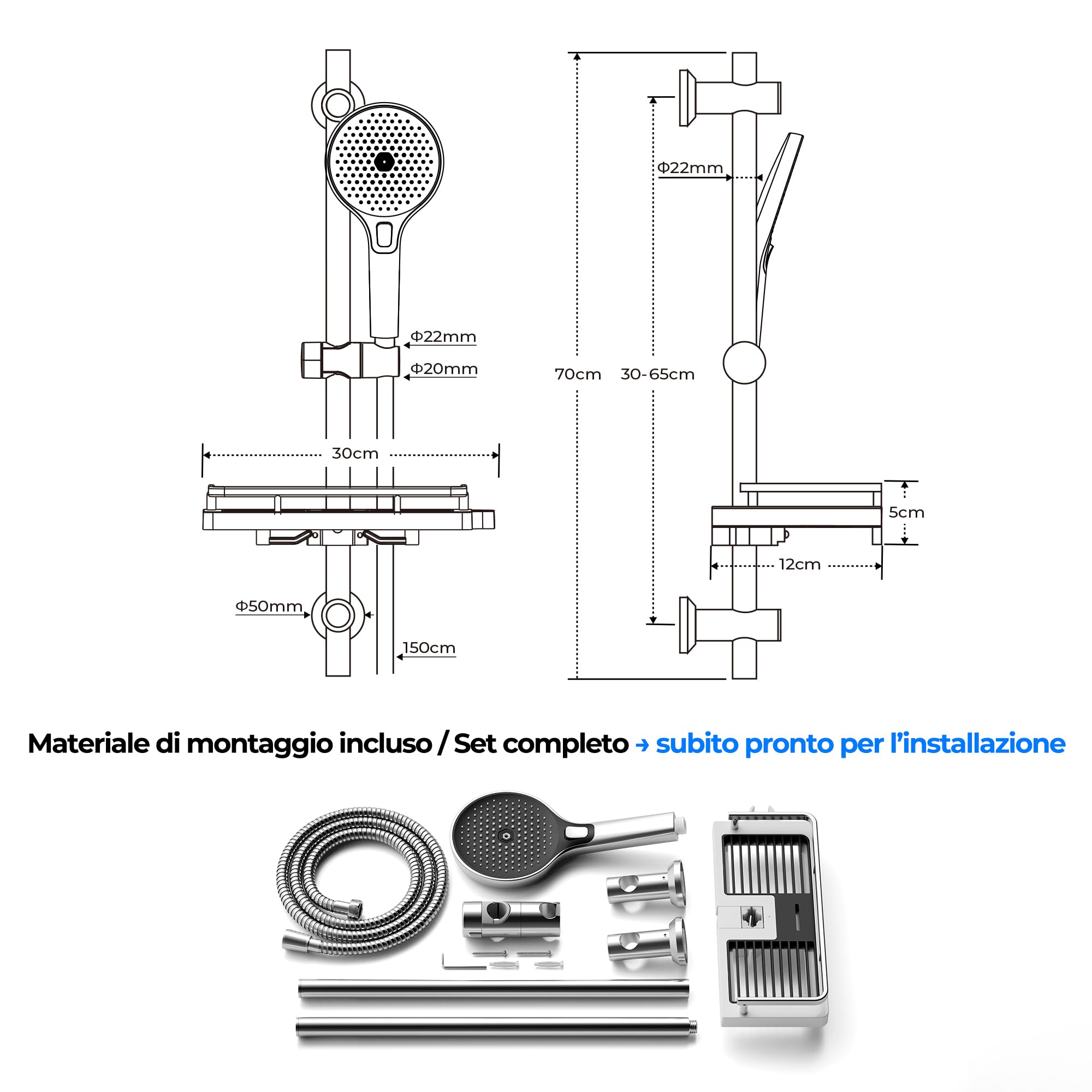JOHO Colonna Doccia Senza Miscelatore, Asta Doccia Acciaio Inox 70 cm con Supporto Soffione Regolabile, Saliscendi Doccia Adattarsi ai Fori Esistenti con Doccetta 3 Geti e Mensola, Cromo