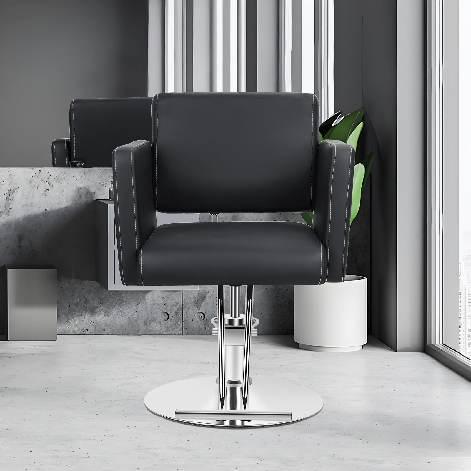 Friseurstuhl Hydraulisch 150 Kg Belastbarkeit, Barberstuhl Höhenverstellbar 360° Drehbar, Salonstuhl Mit Ergonomischer Rückenlehne Kunstleder Gepolstert Für Friseur Tattoo Pediküre Schwarz