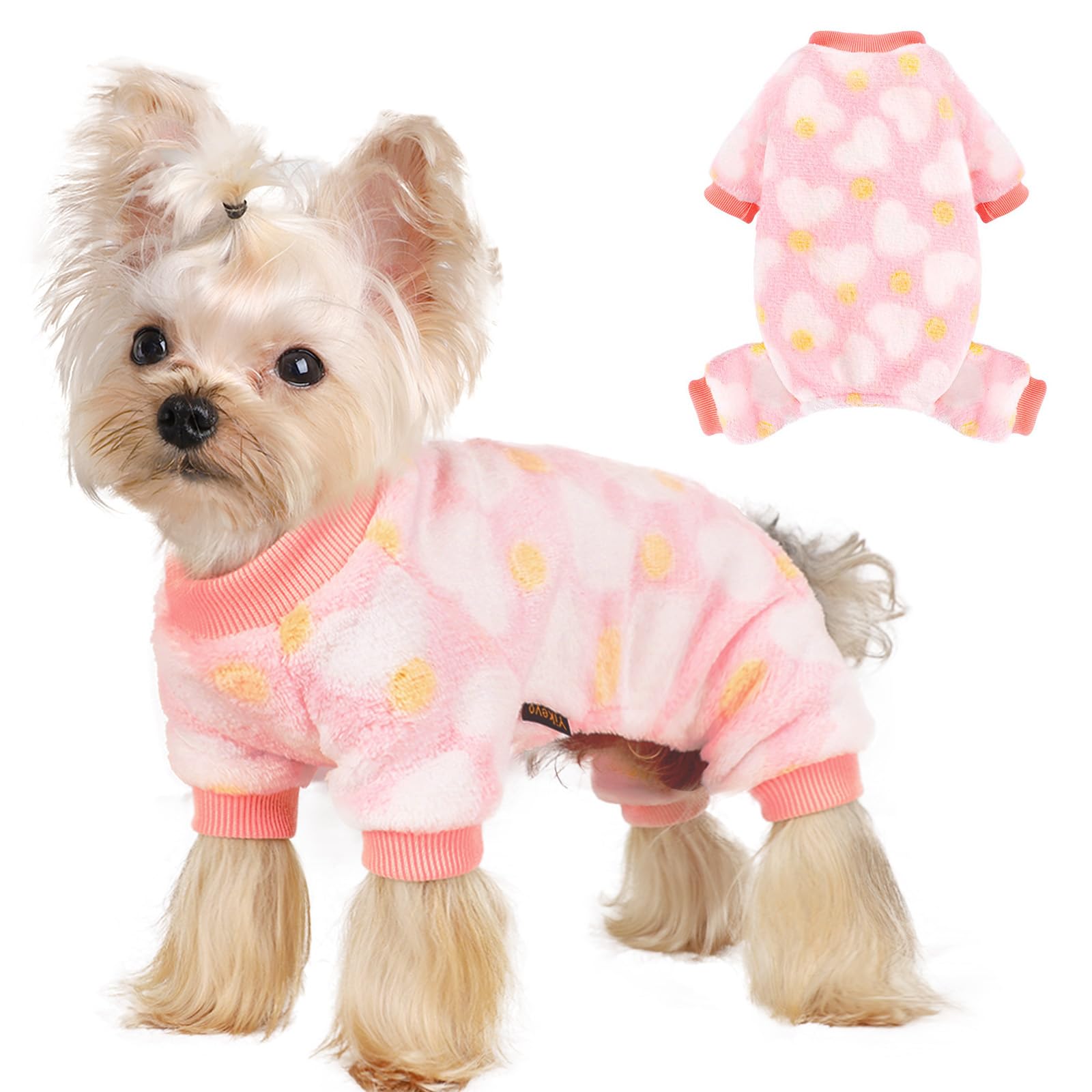 Sebaoyu Dog Sweater for Small Fleece Pajamas Girl Boy Warm Love Pet Clothes Puppy Winter Cute Tiny Outfit Pjs 4 Legs Jumpsuit Yorkie Cat(Pink,X-Small)