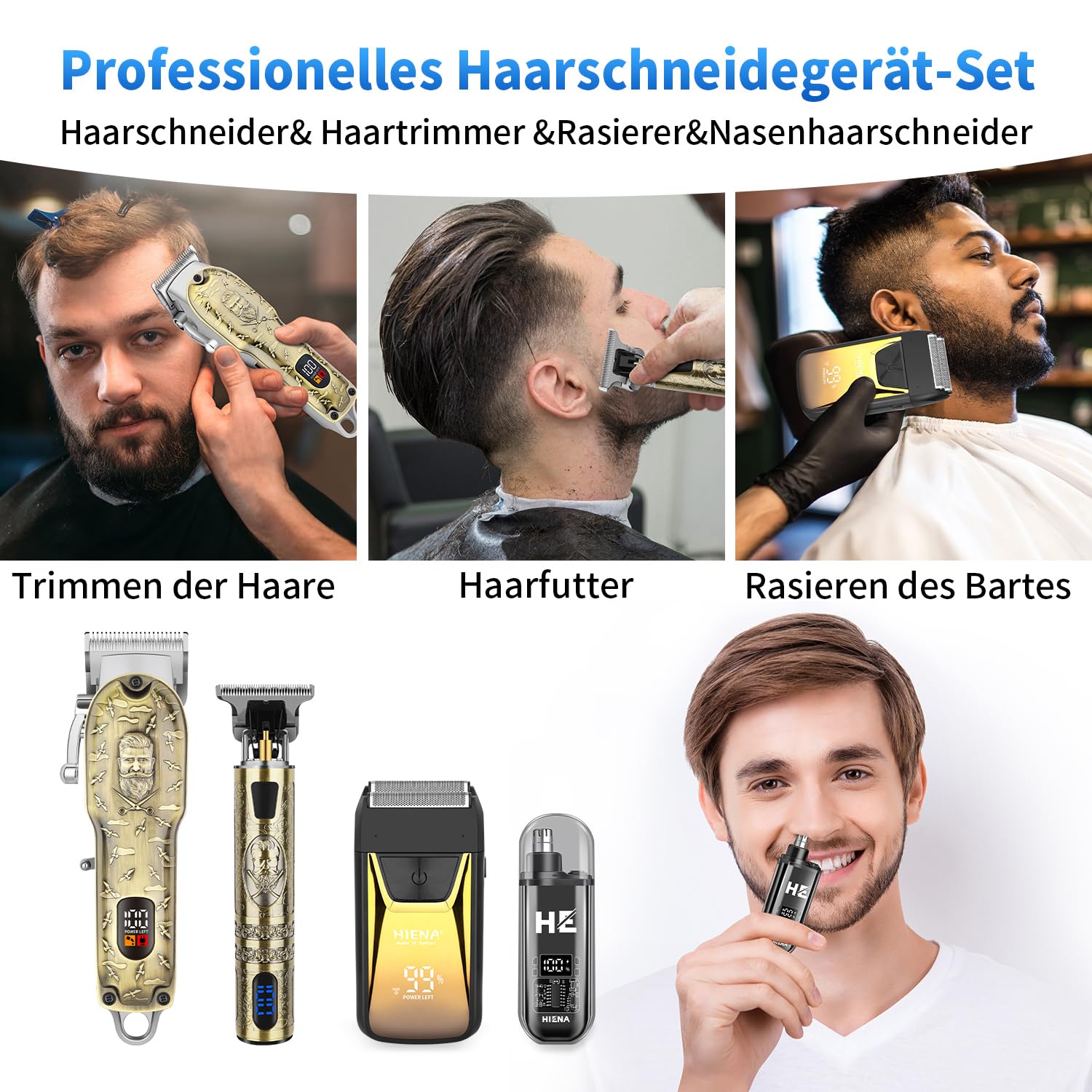 HIENA PRO Profi Haarschneidemaschine für Herren, Schnurloser Haarschneider Bartschneider Folienrasierer Nasentrimmer Set, USB Wiederaufladbares Komplettset Elektrisches Haarschneide-Kit