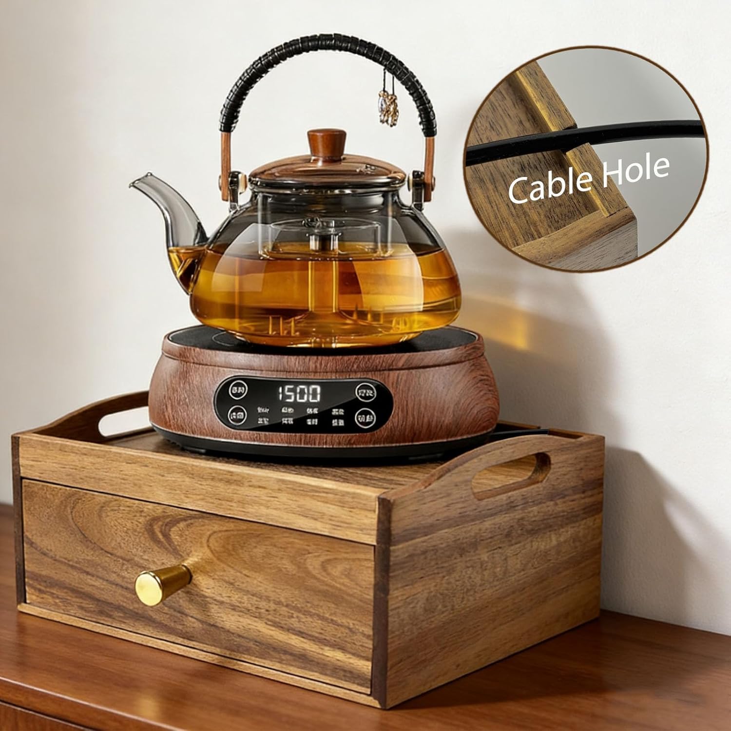 Acacia Wood Tea Bag Organizer, Wooden Storage Box with Drawer, Tea Caddy for Teabags, Teabag Holder Container Boxes for Countertop, Tea Bar Station Chest Display, Tea Accessories Gift