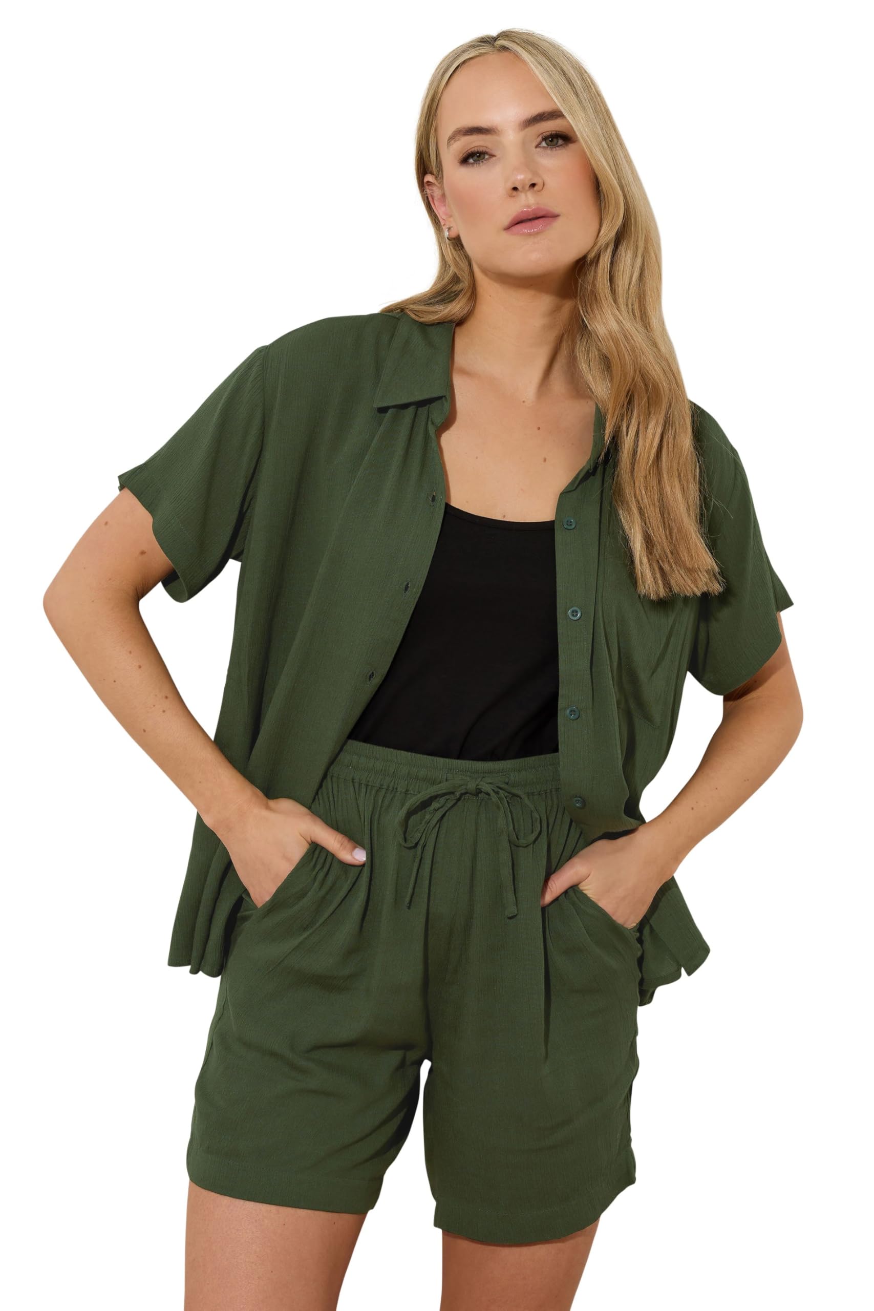 Long Tall Sally - LTS Tall Green Cotton Crinkle Shorts - Women's