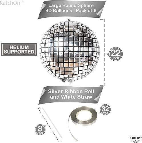 Miniatura 6 de KatchOn, Globos grandes de bola de discoteca plateados, paquete de 8, globos de discoteca de esfera 4D, globos de los años 80, juego de globos