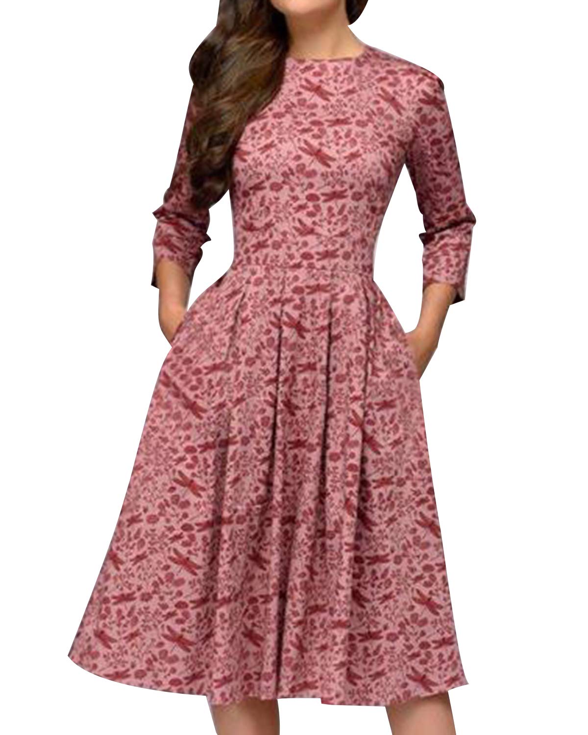 Women's Vintage 1950s Classy Rockabilly Retro 3/4 Sleeve Floral Pattern A Line Dress Swing Party Dress